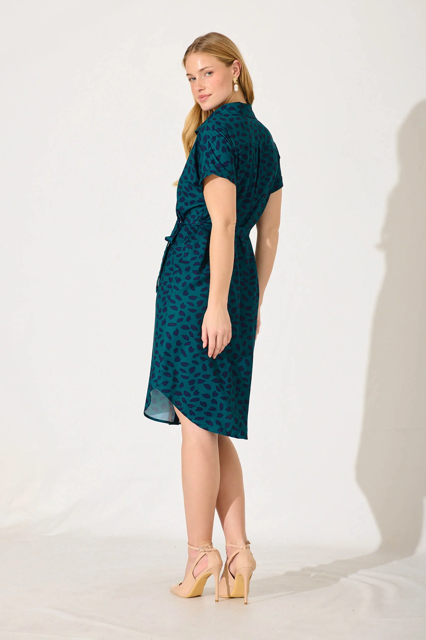Maddison Shirt Dress In Teal With Navy Leaf - Image 4