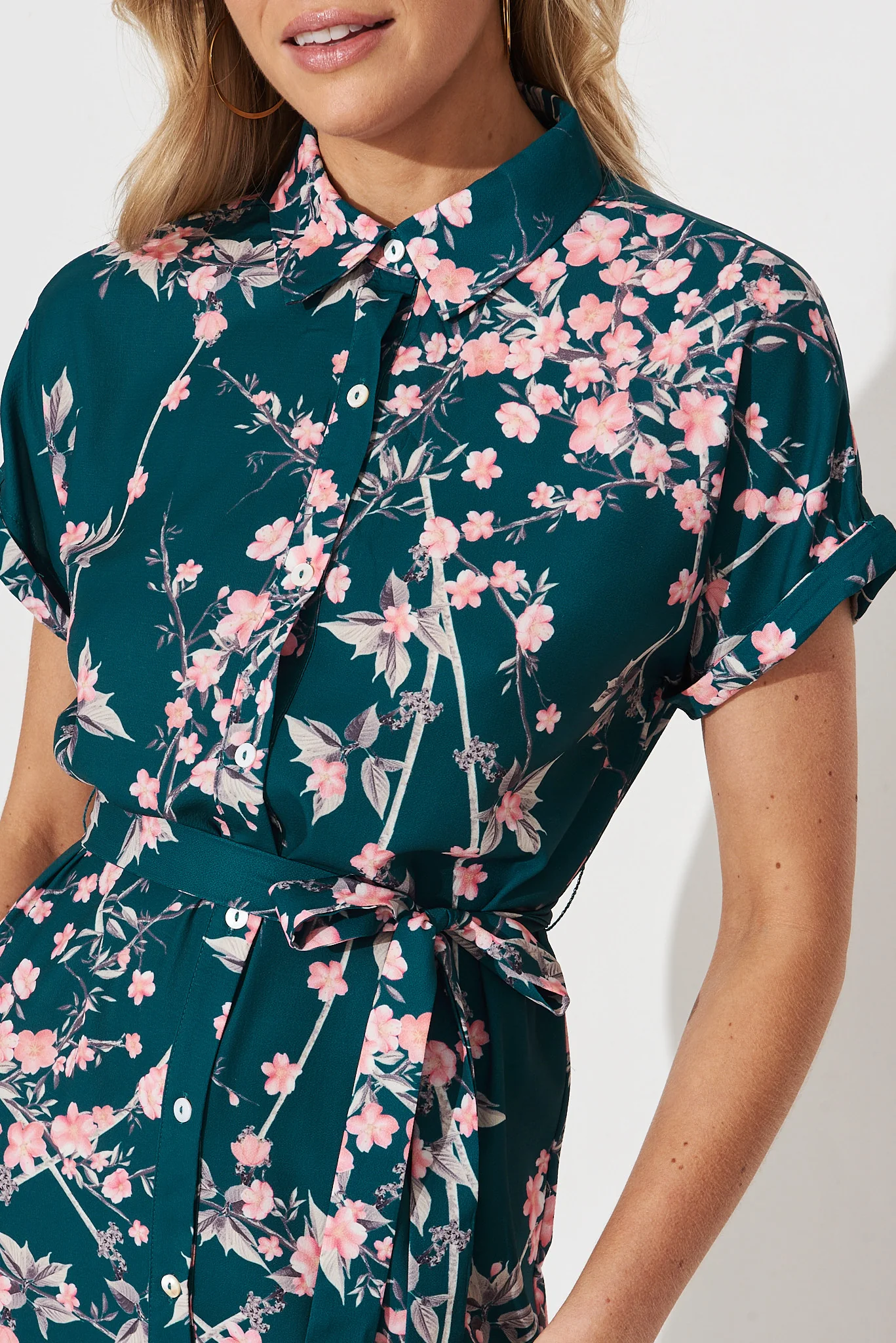 Maddison Shirt Dress In Teal With Pink Cherry Blossom - Image 5