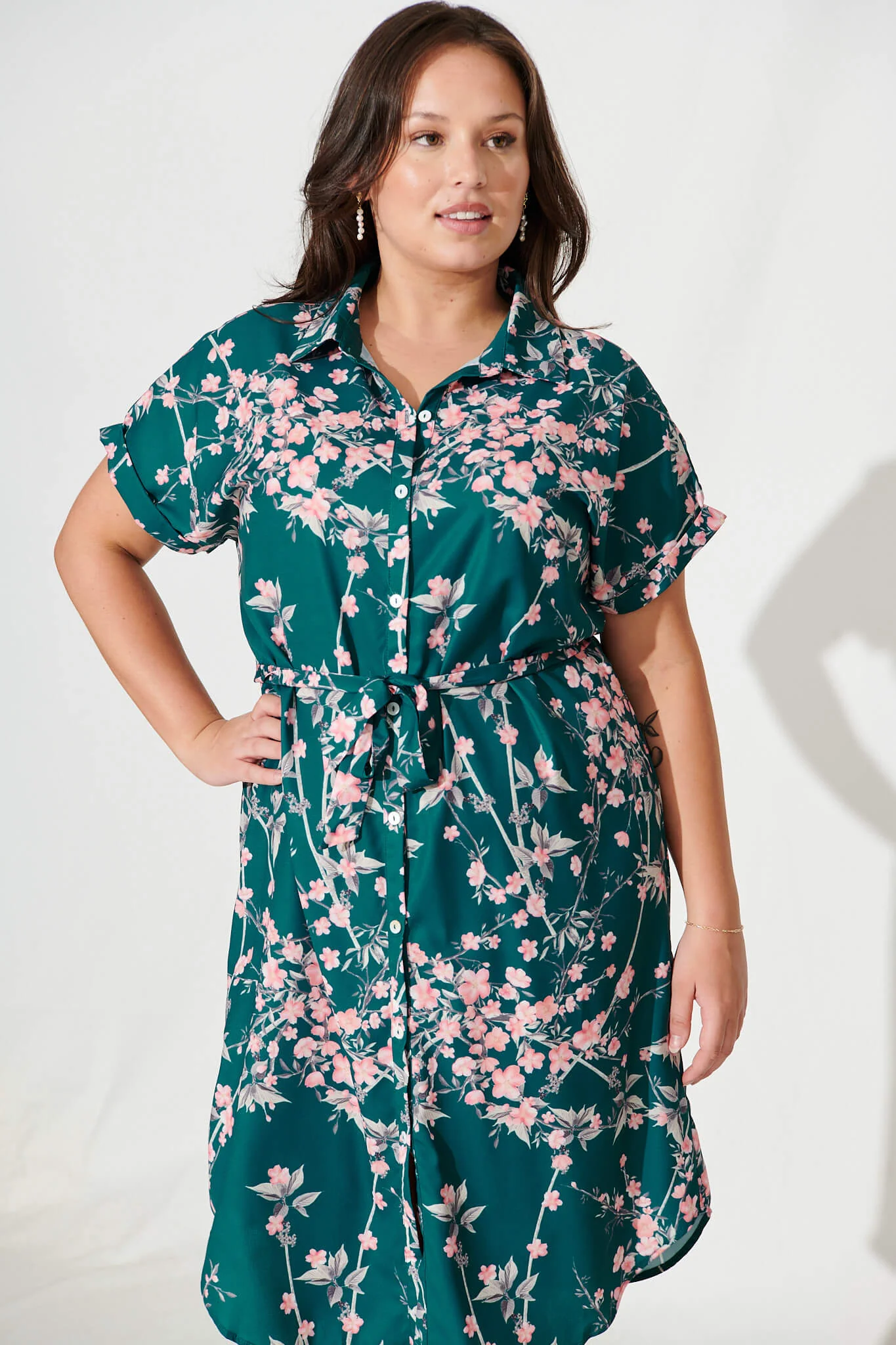 Maddison Shirt Dress In Teal With Pink Cherry Blossom - Image 6