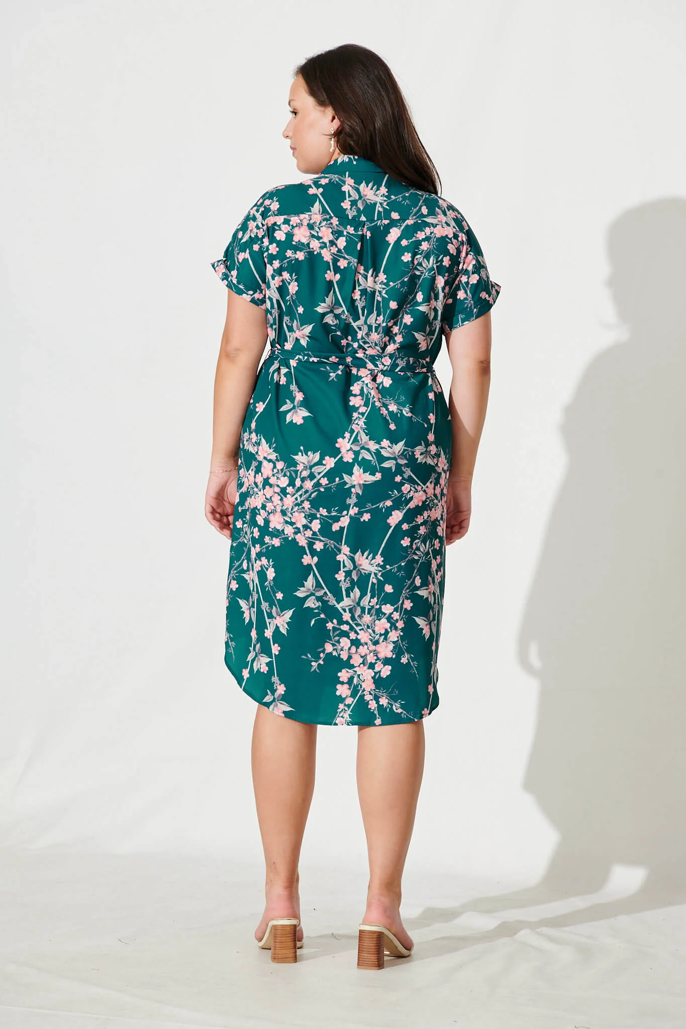 Maddison Shirt Dress In Teal With Pink Cherry Blossom - Image 9