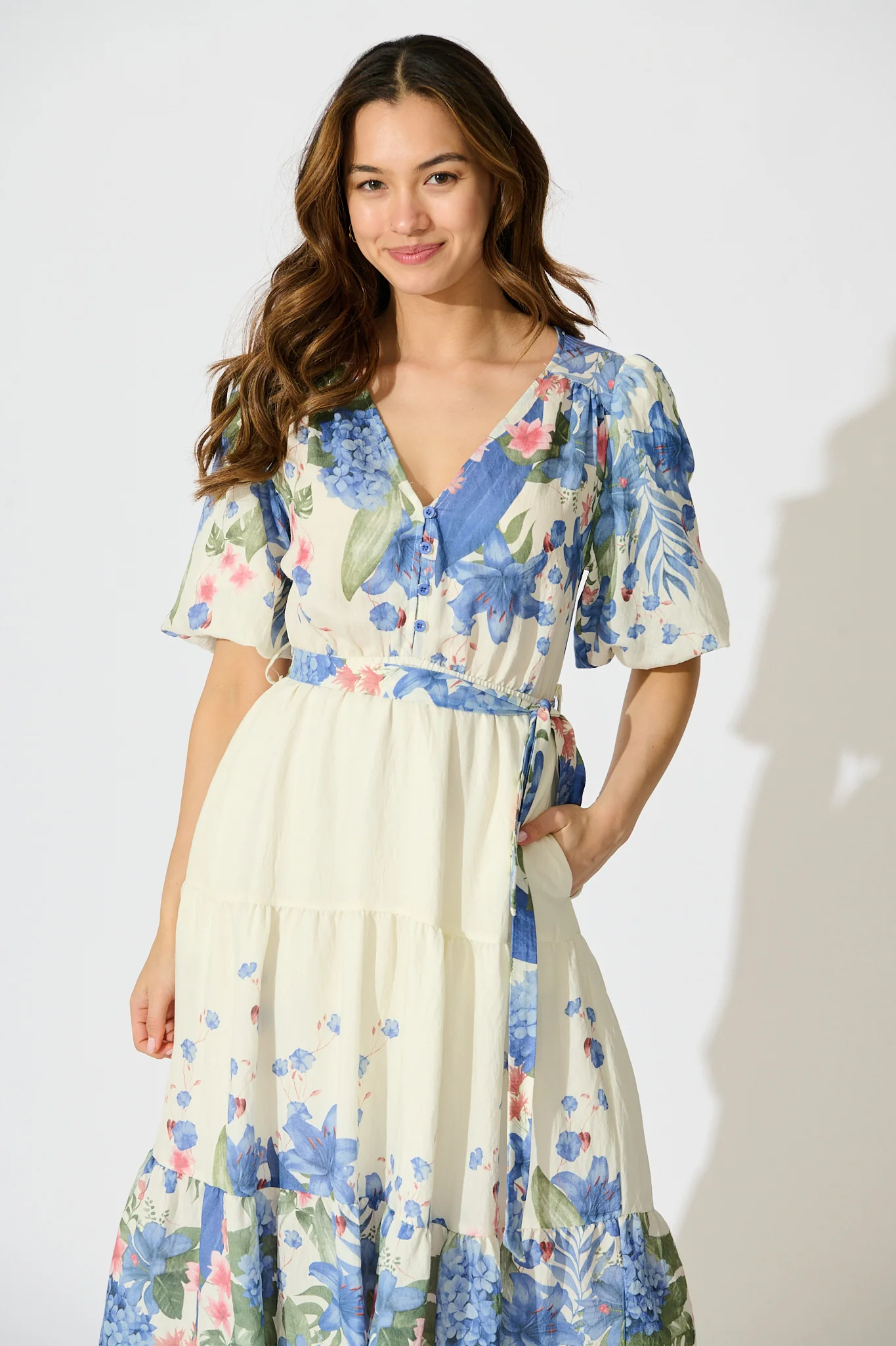 Mae Midi Dress in Cream with Blue Floral Print - Image 2