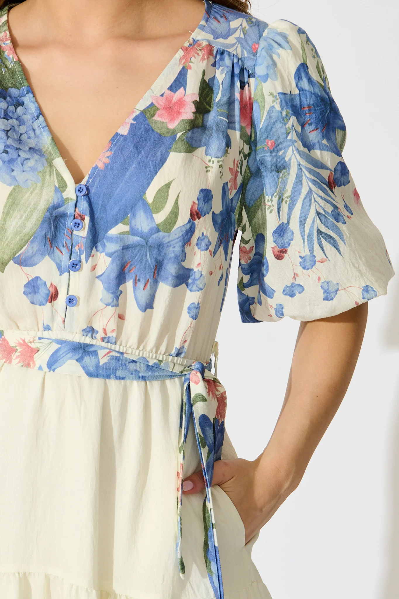Mae Midi Dress in Cream with Blue Floral Print - Image 5