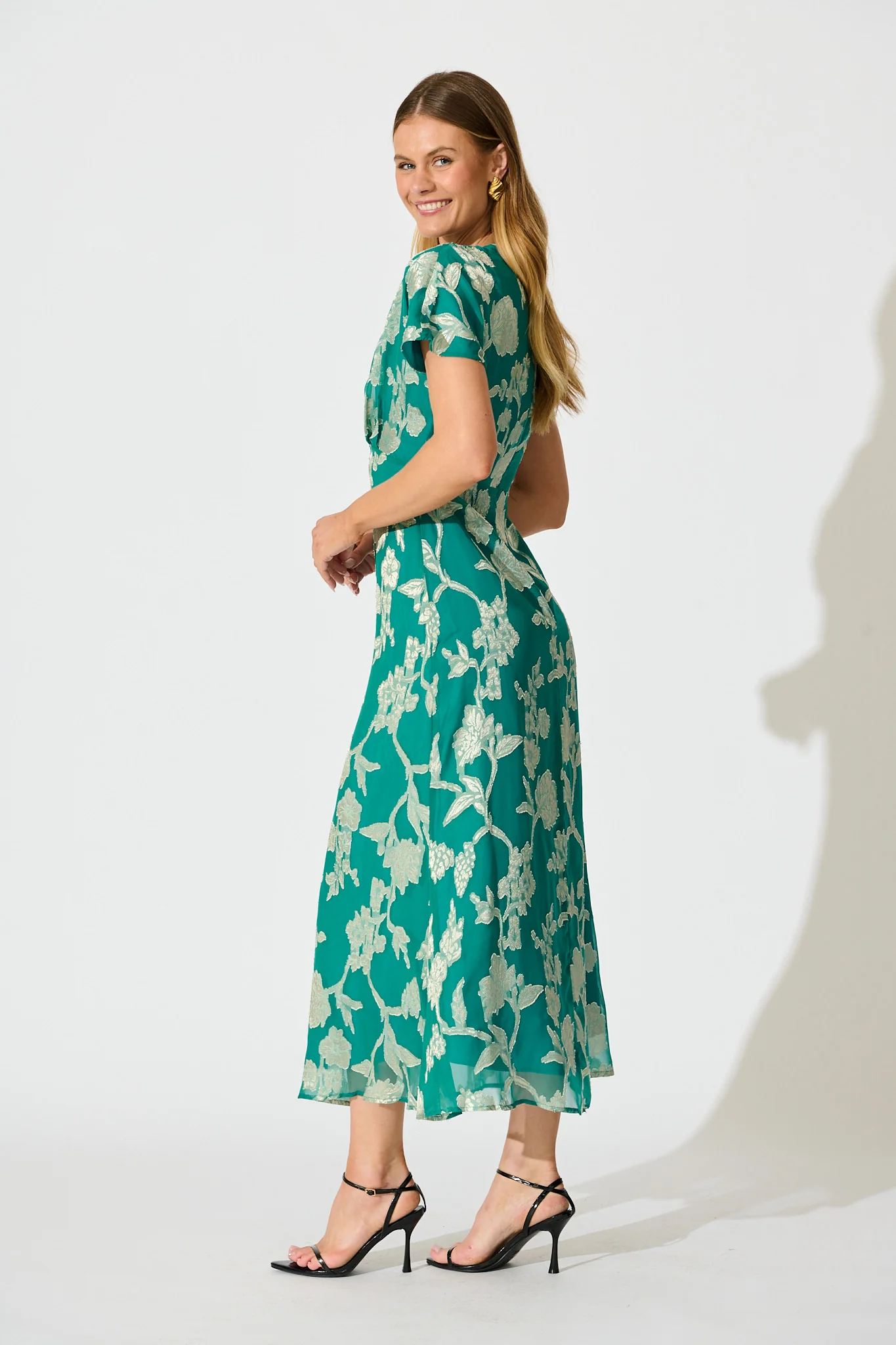 Maelis Maxi Dress in Teal and Gold Burnout Chiffon - Image 3