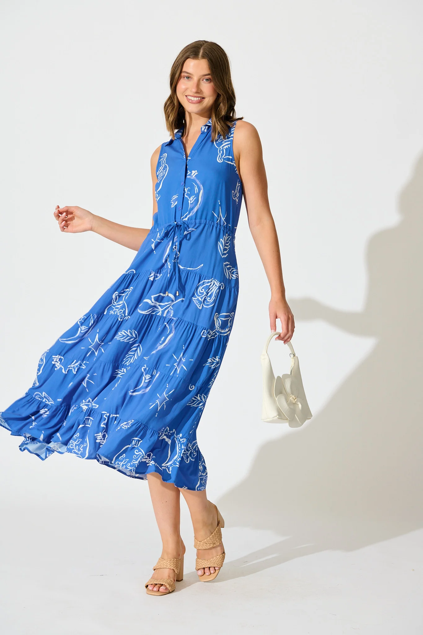 Maelle Midi Dress in Blue with White Print