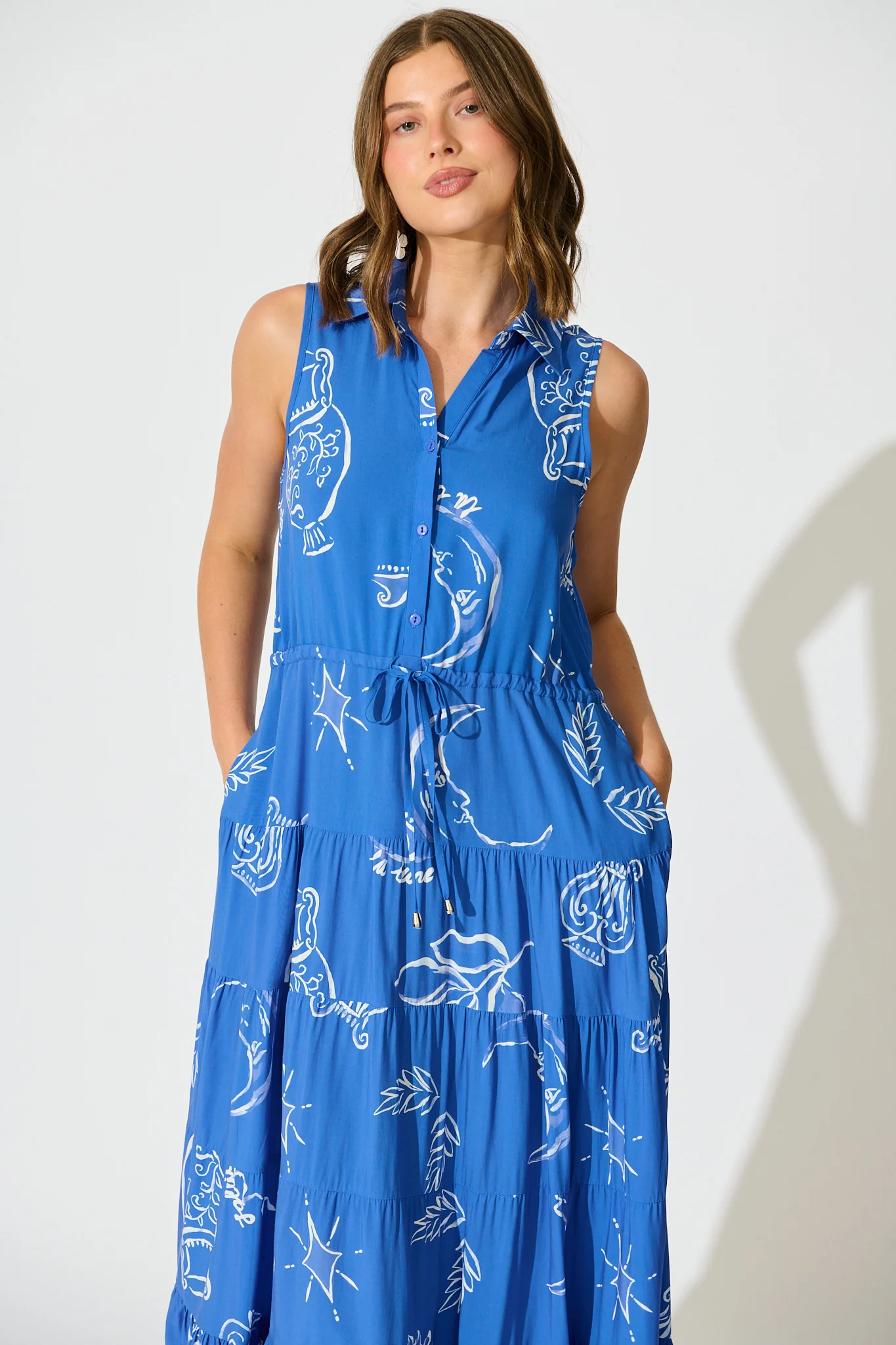 Maelle Midi Dress in Blue with White Print - Image 2