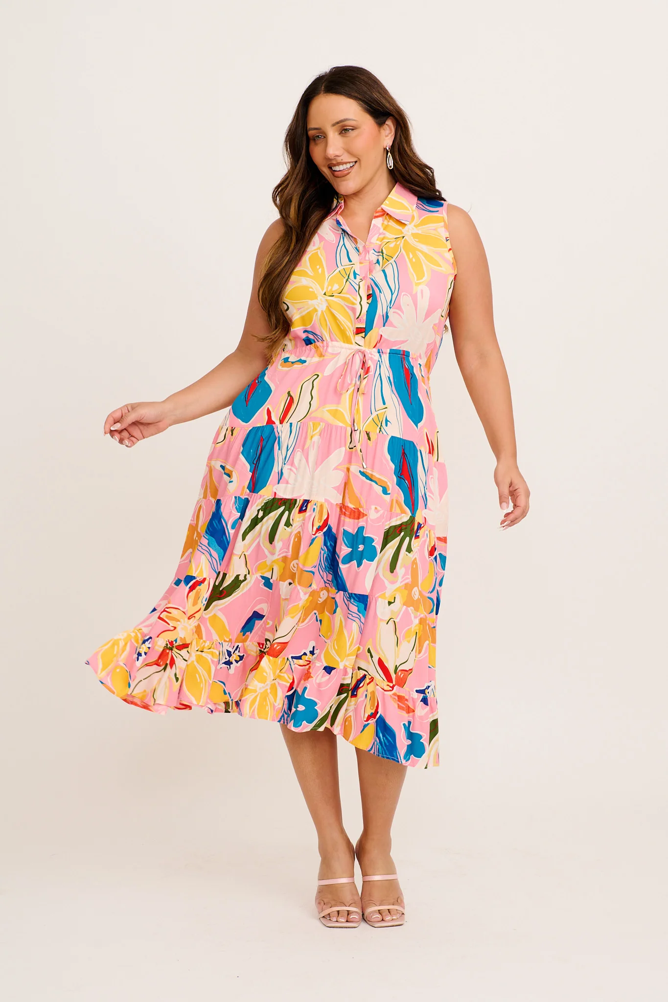 Maelle Midi Dress in Pink with Multi Print