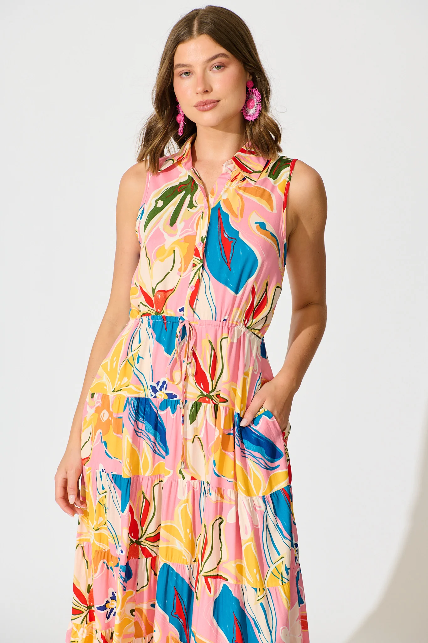 Maelle Midi Dress in Pink with Multi Print - Image 3