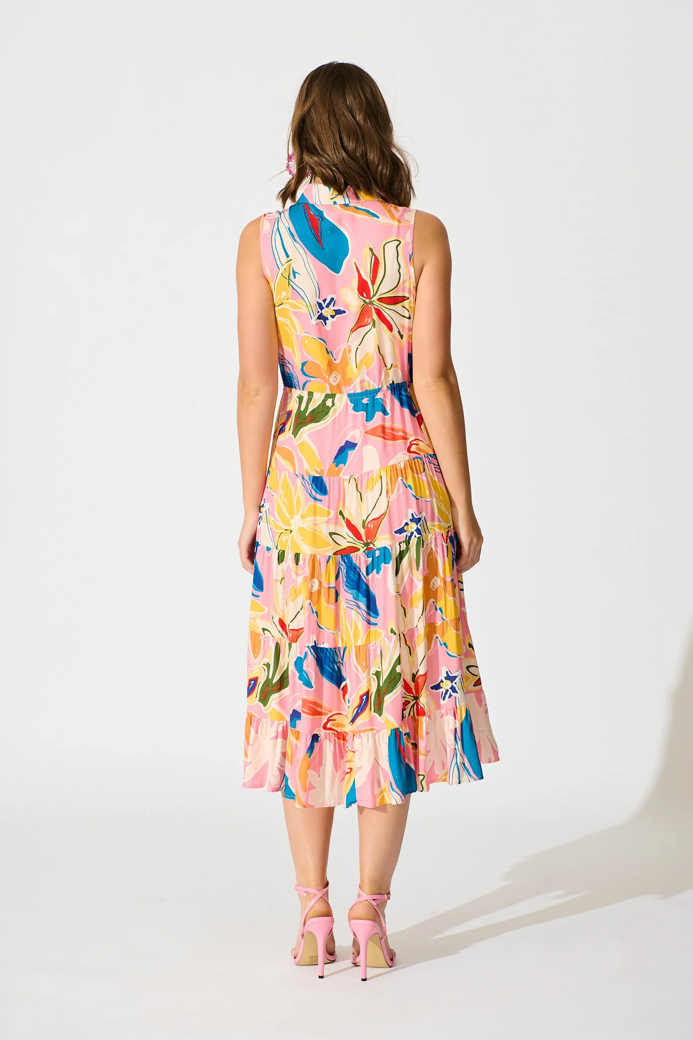 Maelle Midi Dress in Pink with Multi Print - Image 5