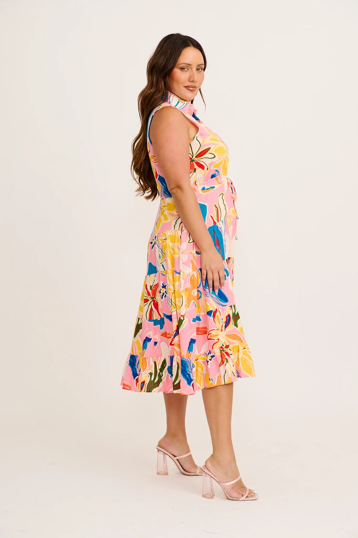 Maelle Midi Dress in Pink with Multi Print - Image 8