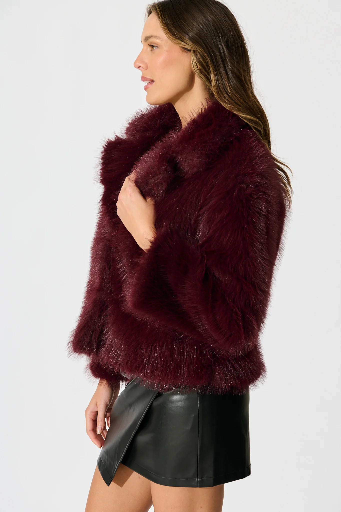 Maison Layer Faux Fur Jacket in Wine - Image 6
