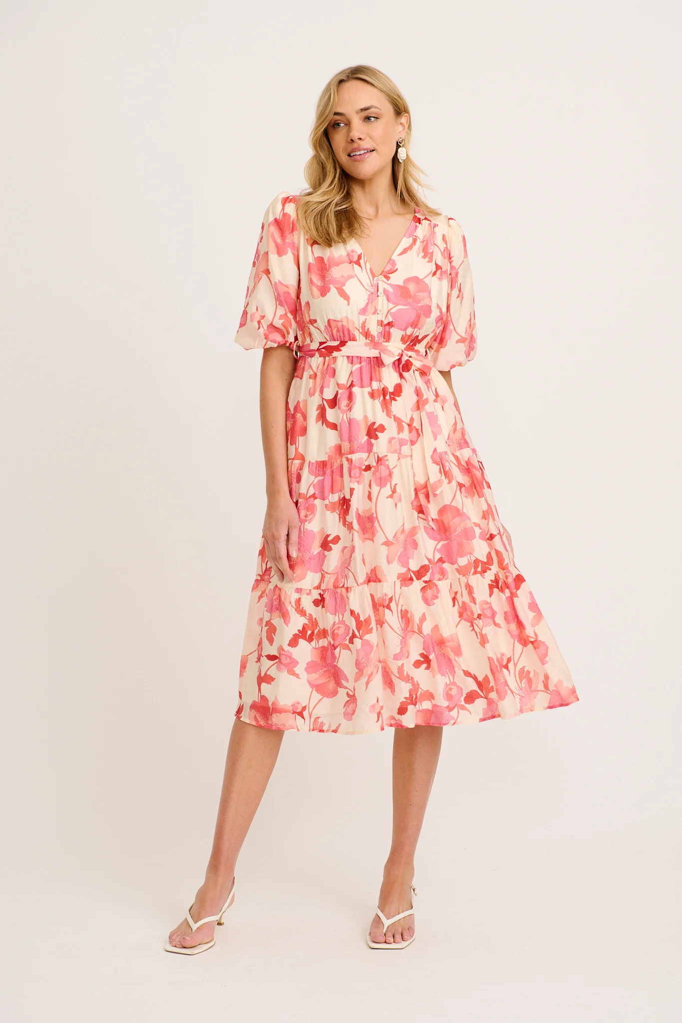 Maja Midi Dress in Cream with Pink Floral