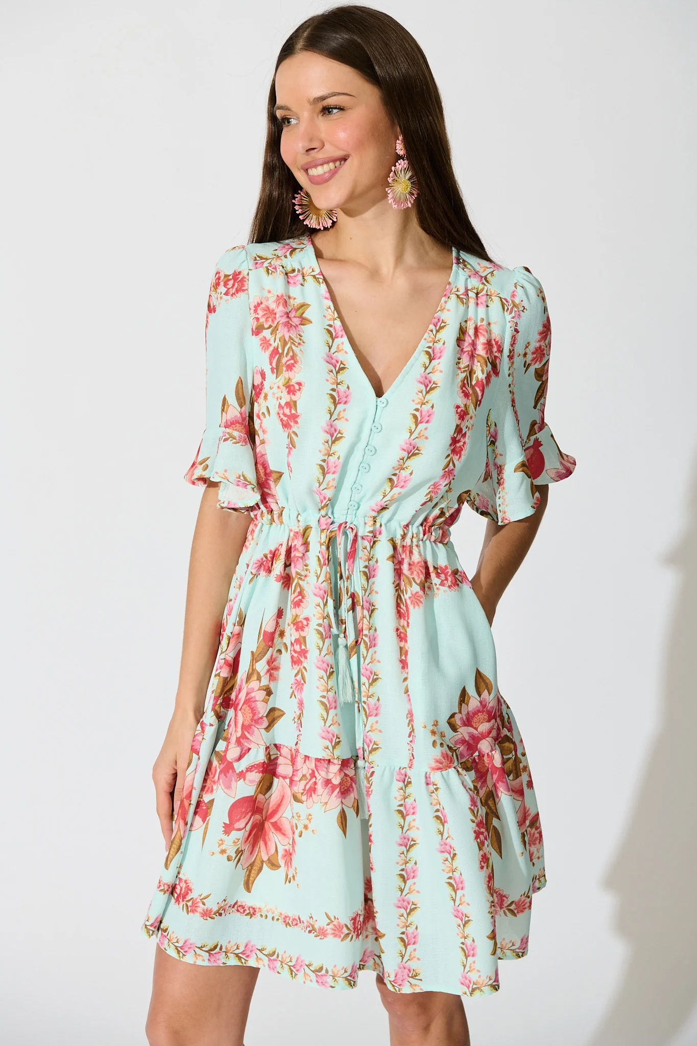 Makena Dress in Blue with Pink Floral Cotton Blend - Image 2