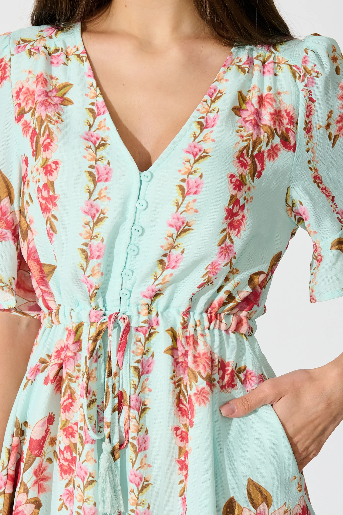 Makena Dress in Blue with Pink Floral Cotton Blend - Image 5