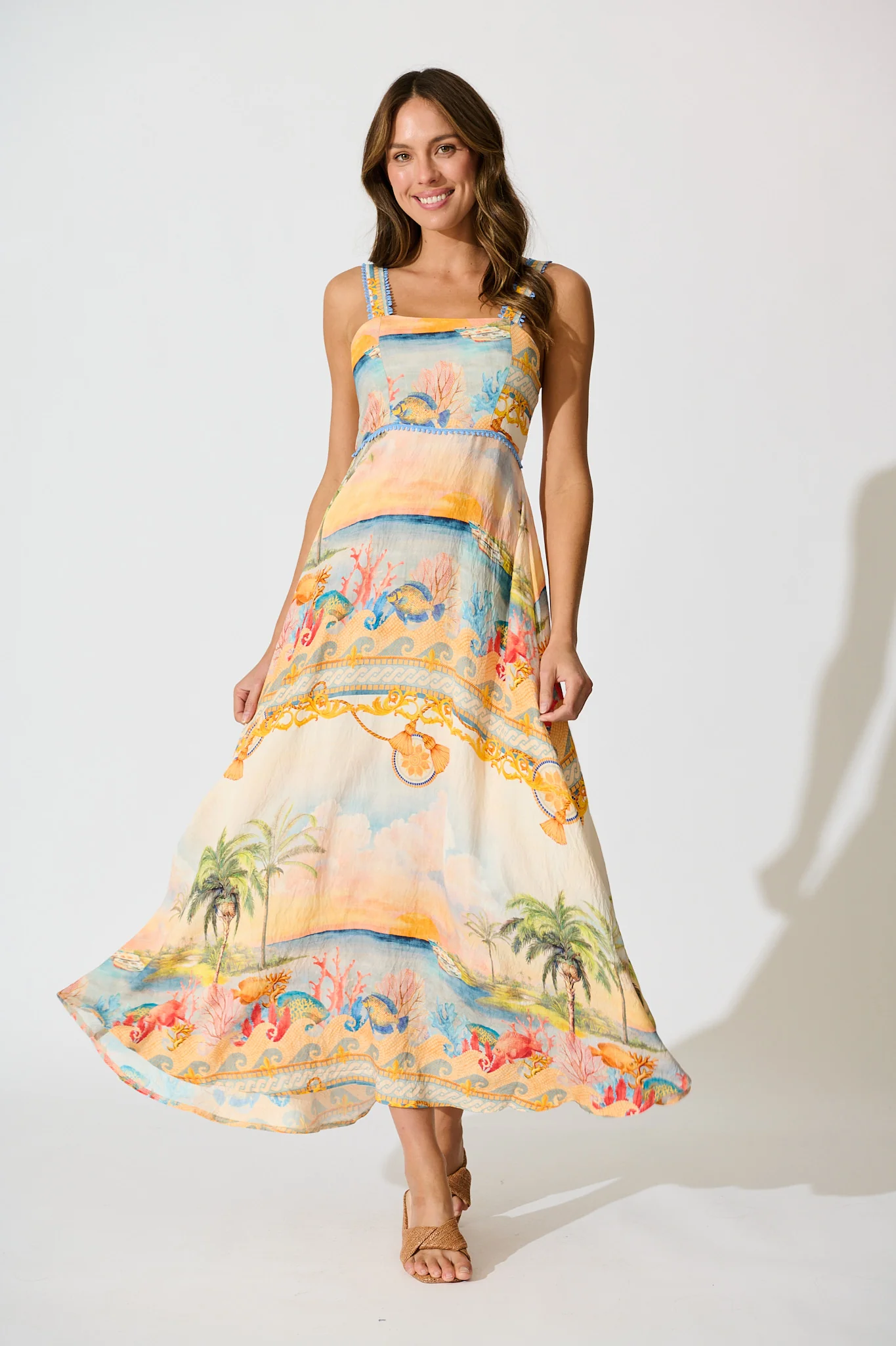 Malva Maxi Sundress in Beige Multi Summer Print