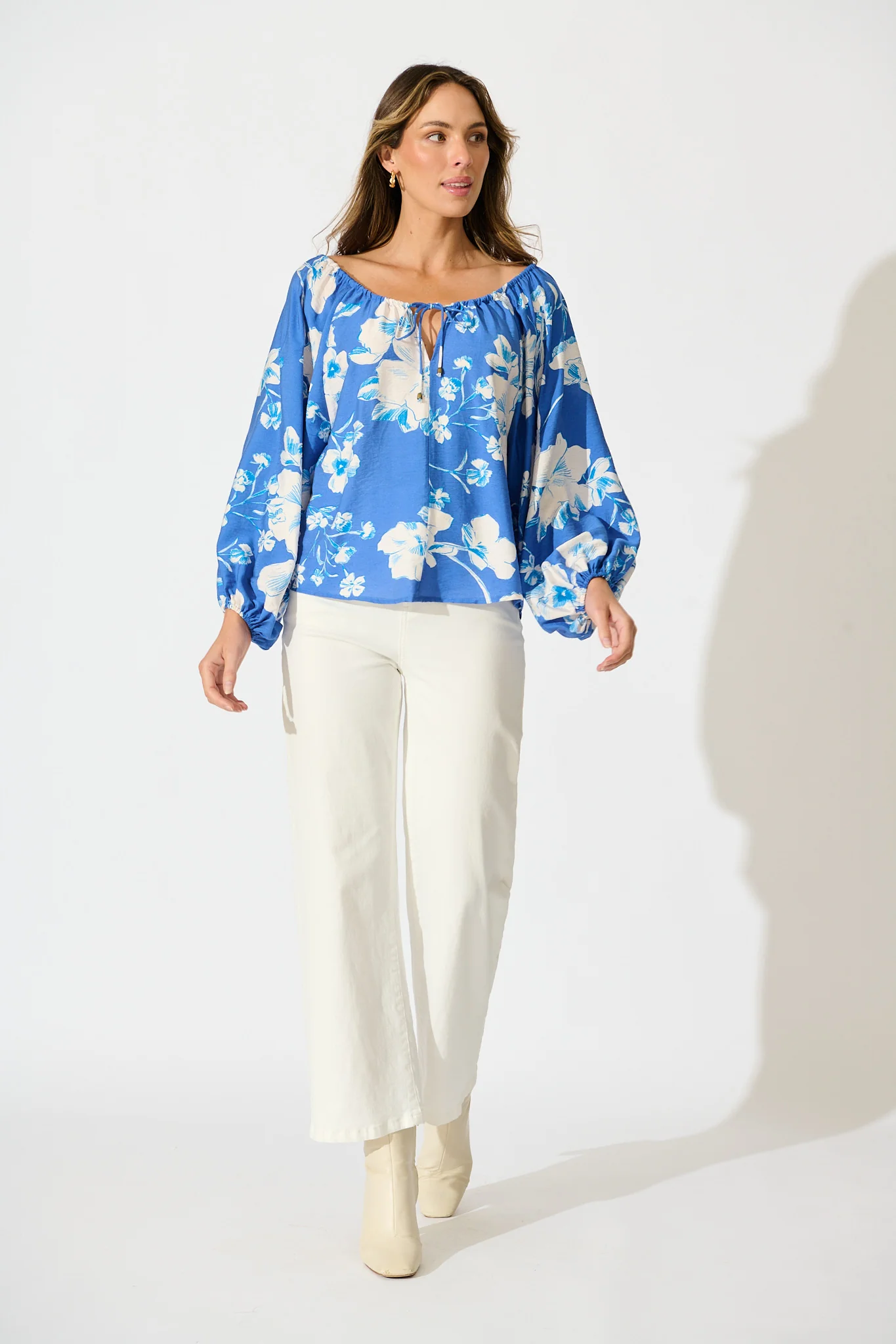 Marcy Top in Blue with White Floral Linen Blend - Image 4