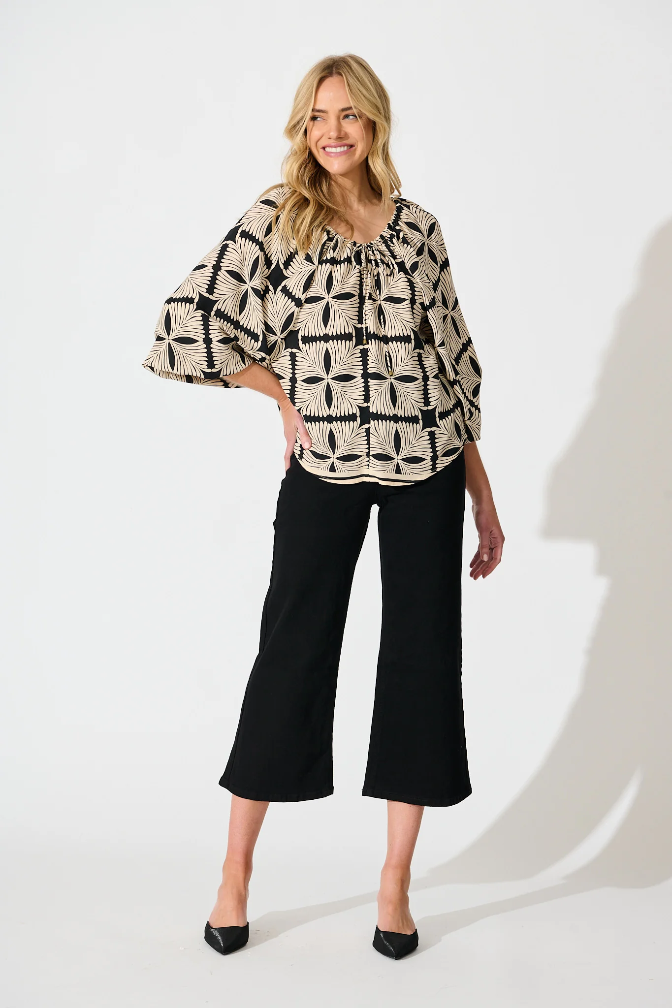 Marcy Top in Cream with Black Tile Print - Image 4