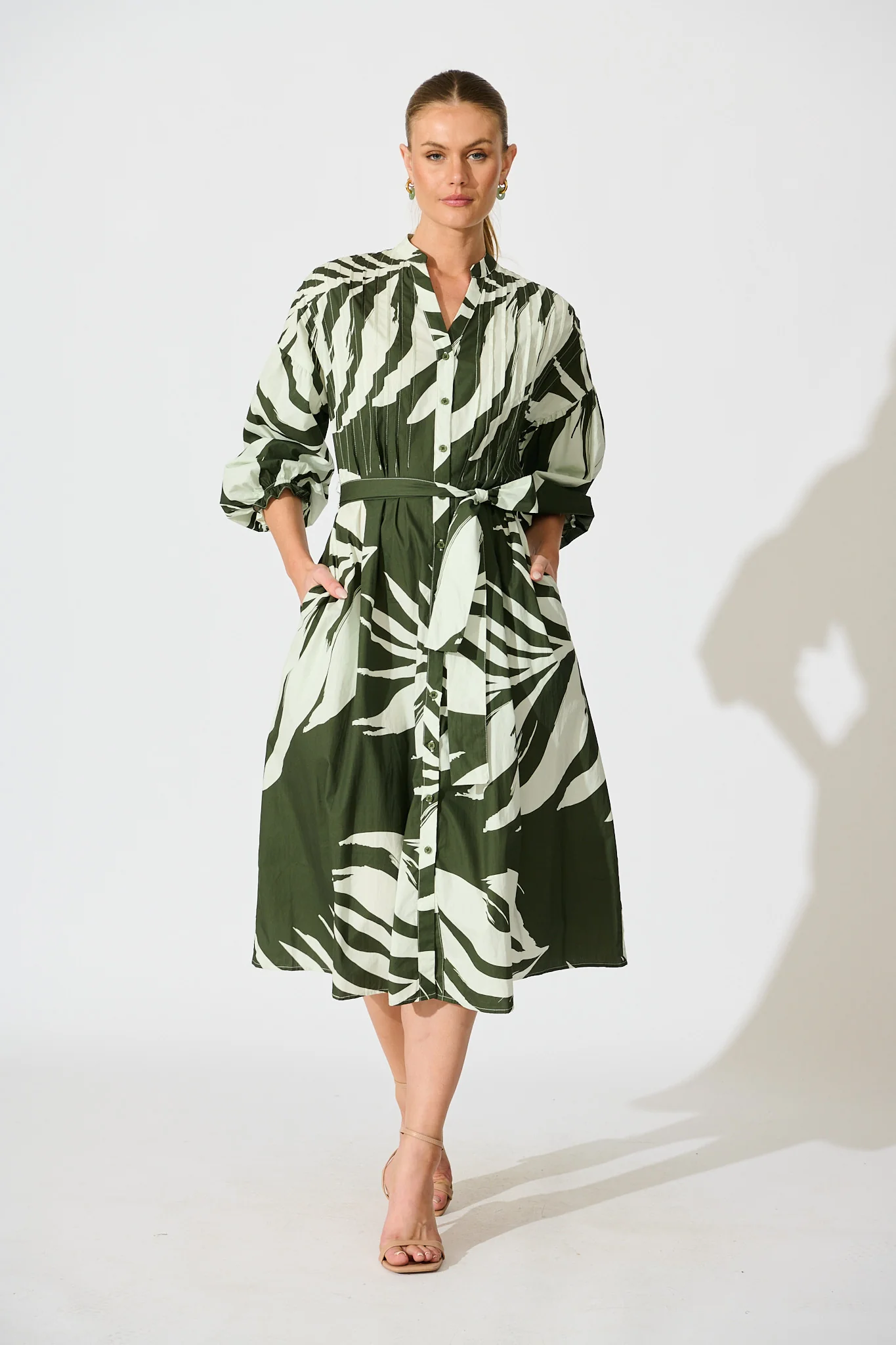 Margot Midi Dress in Green with White Leaf Cotton