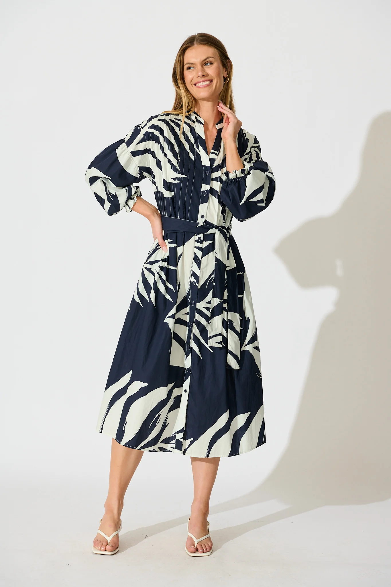 Margot Midi Dress in Navy with White Leaf Cotton