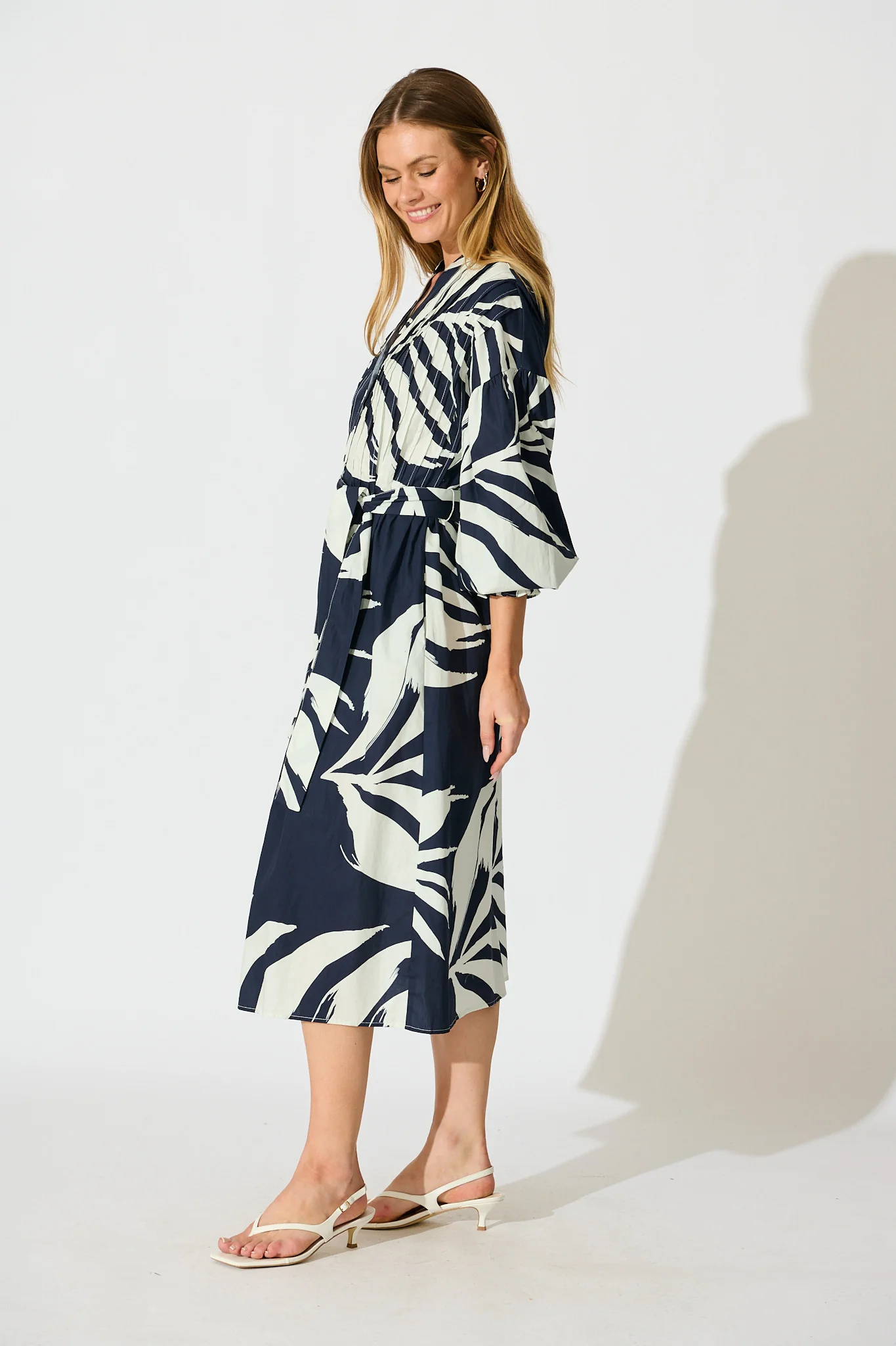 Margot Midi Dress in Navy with White Leaf Cotton - Image 3
