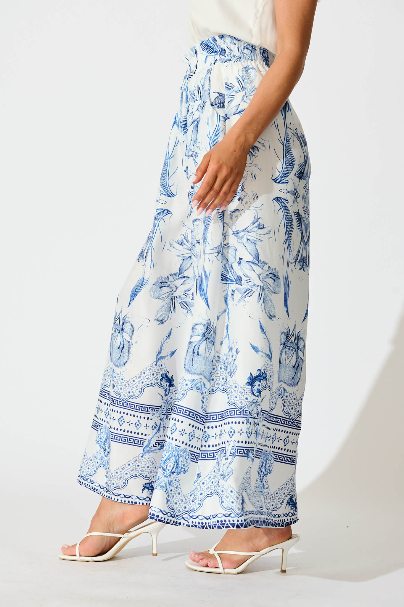 Mariah Pants in White with Blue Floral Border - Image 2