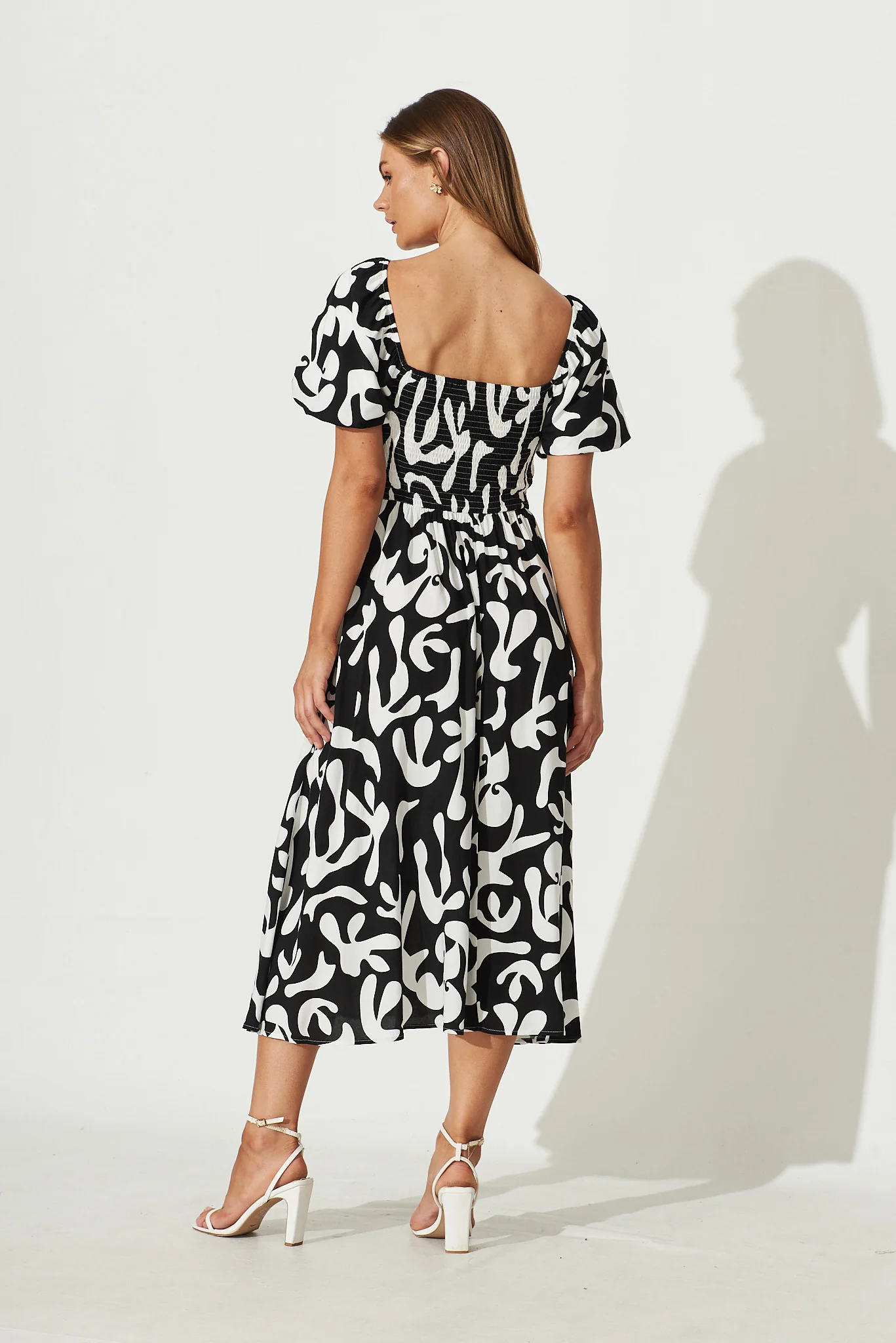 Mariam Midi Dress In Black With White Print - Image 4