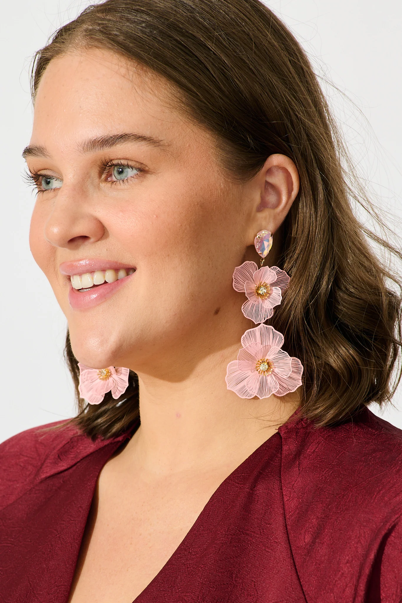 Mariana Double Flower Drop Earrings In Blush with Stone - Image 3