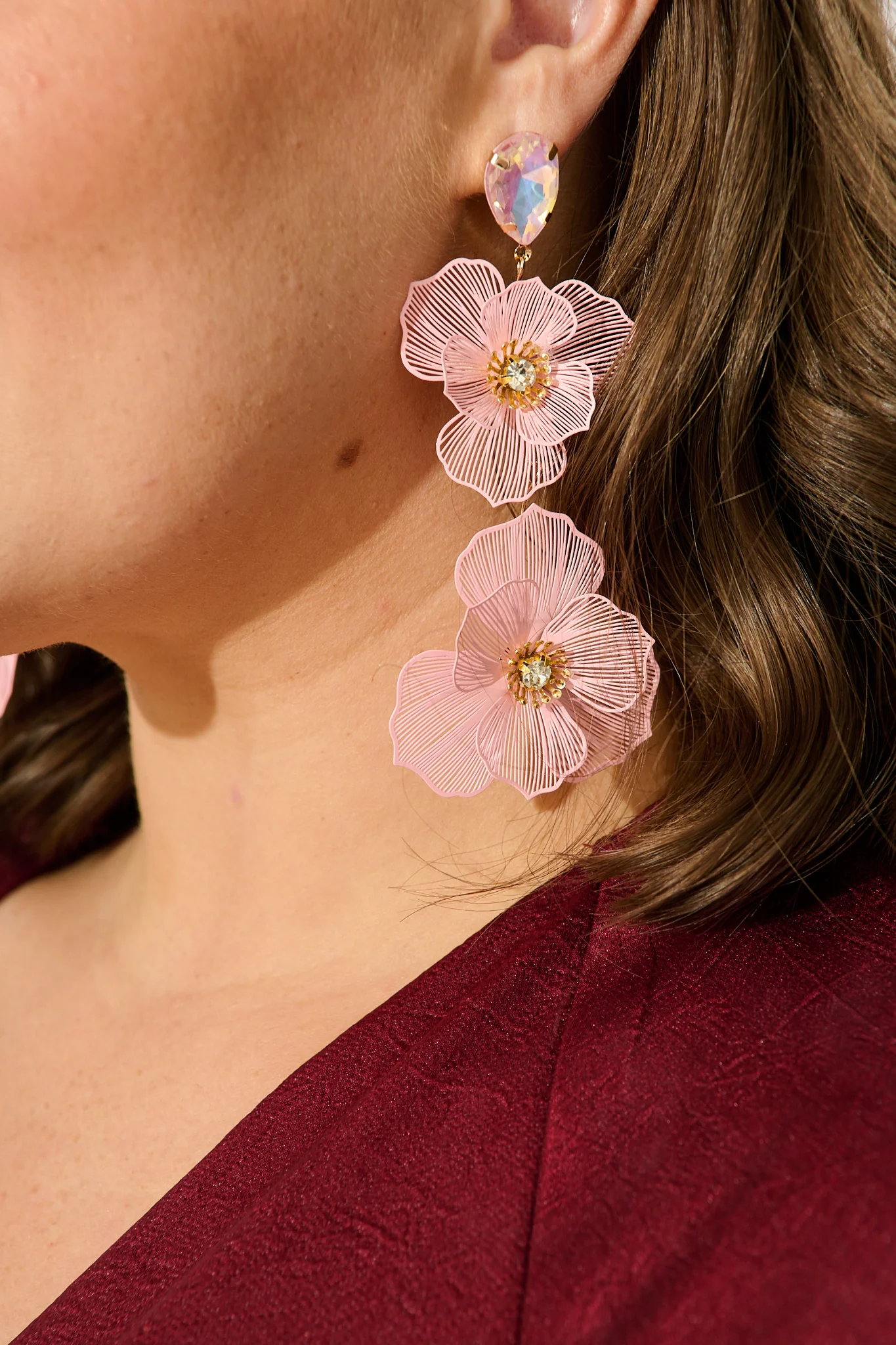 Mariana Double Flower Drop Earrings In Blush with Stone - Image 4