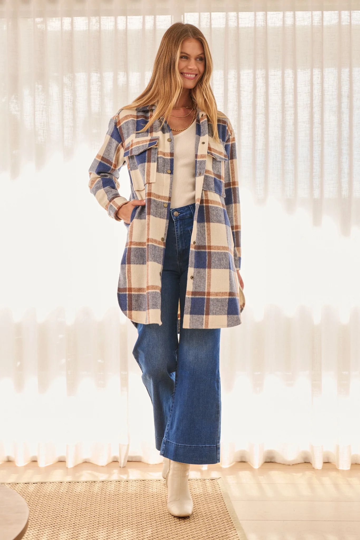 Mariana Shacket in Cream with Blue Check Wool Blend - Image 3