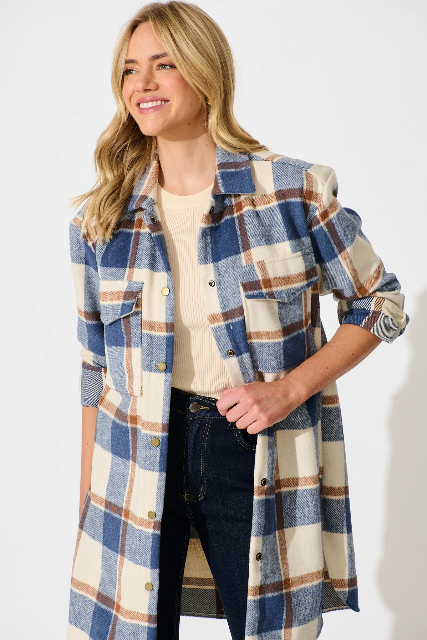 Mariana Shacket in Cream with Blue Check Wool Blend - Image 5