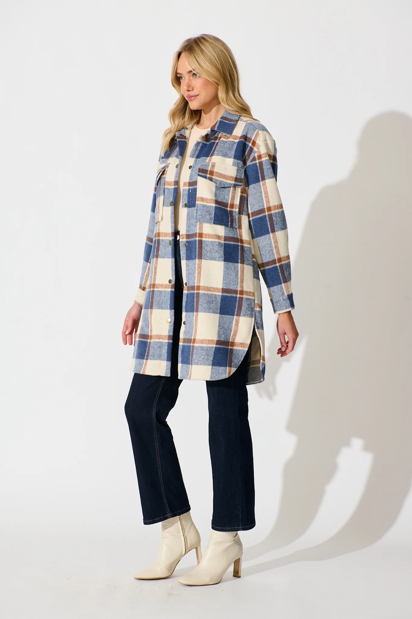 Mariana Shacket in Cream with Blue Check Wool Blend - Image 6