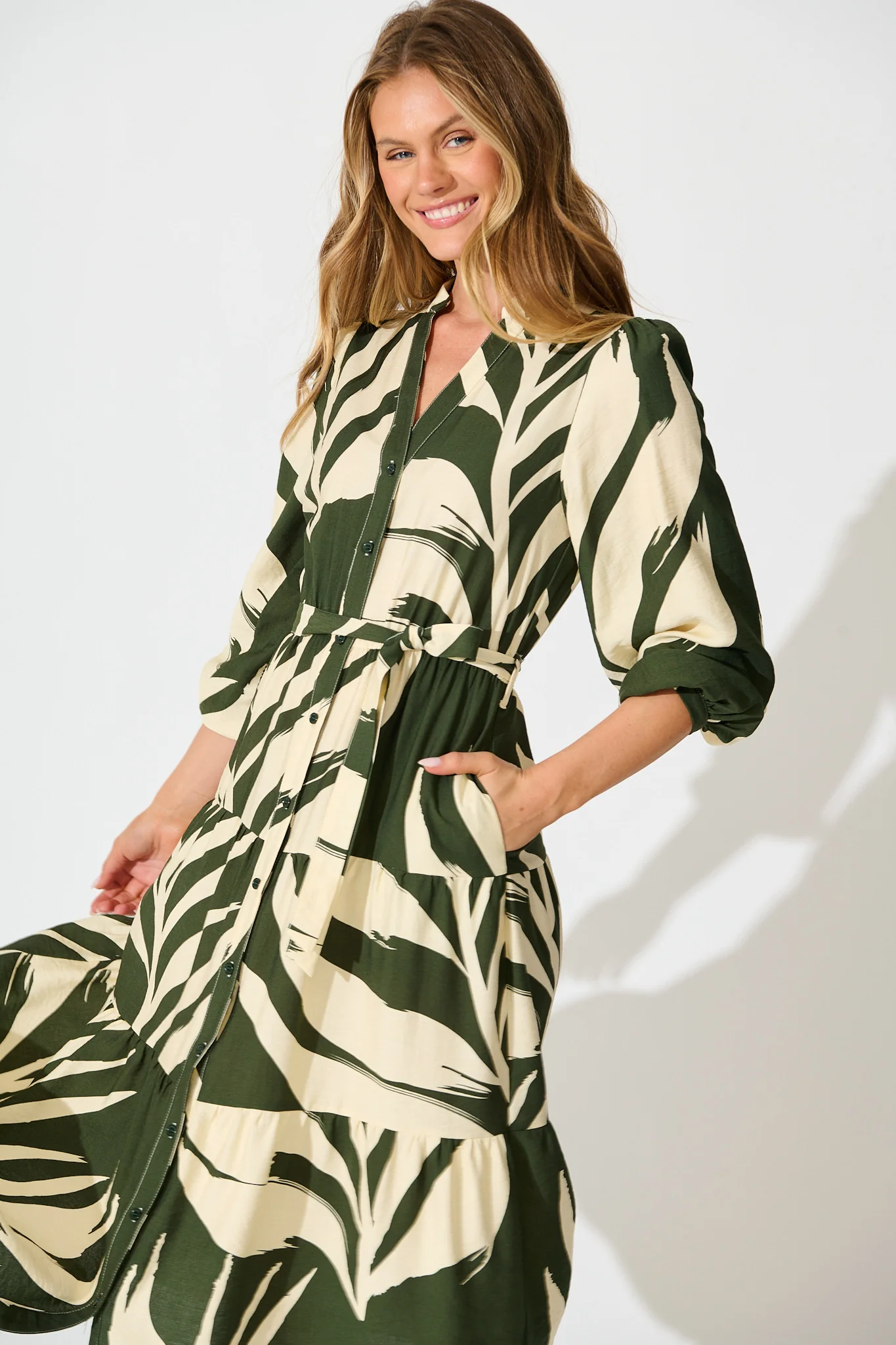 Maribelle Dress in Green with Cream Leaf Print - Image 2