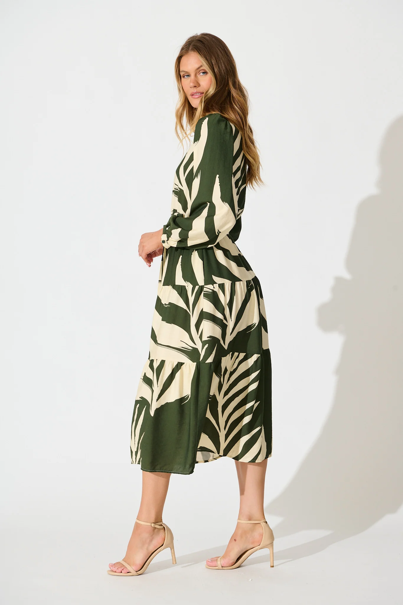 Maribelle Dress in Green with Cream Leaf Print - Image 3