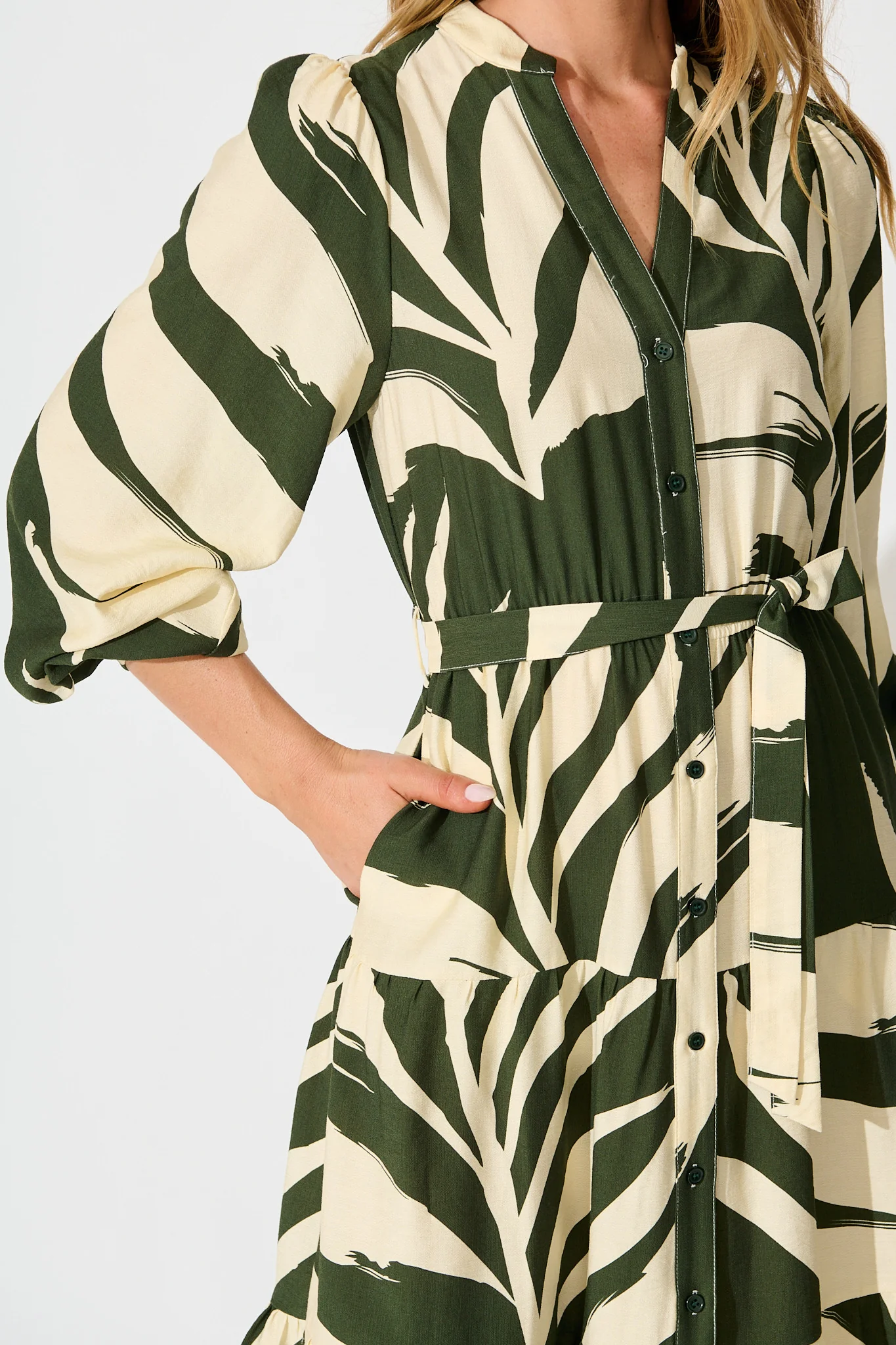 Maribelle Dress in Green with Cream Leaf Print - Image 5