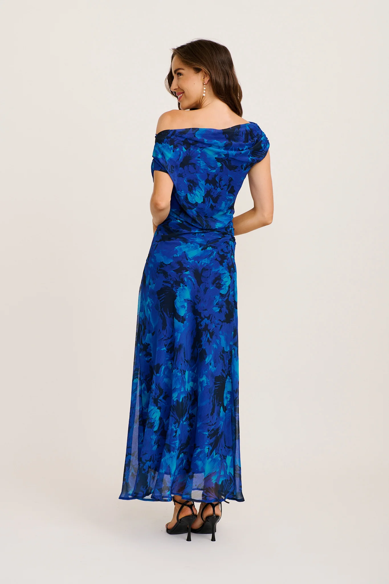 Marielle Off Shoulder Maxi Dress in Blue Watercolour Chiffon - Image 5