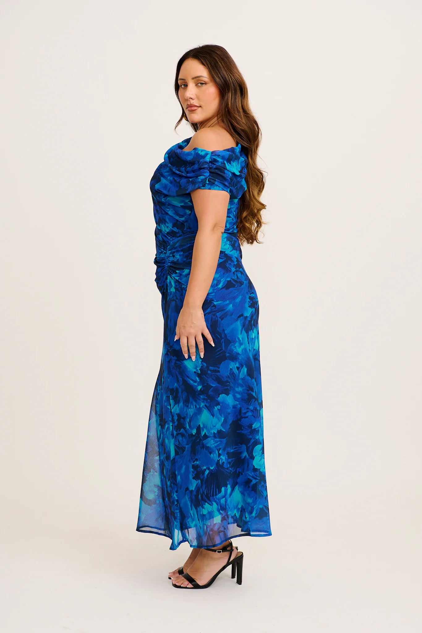 Marielle Off Shoulder Maxi Dress in Blue Watercolour Chiffon - Image 8