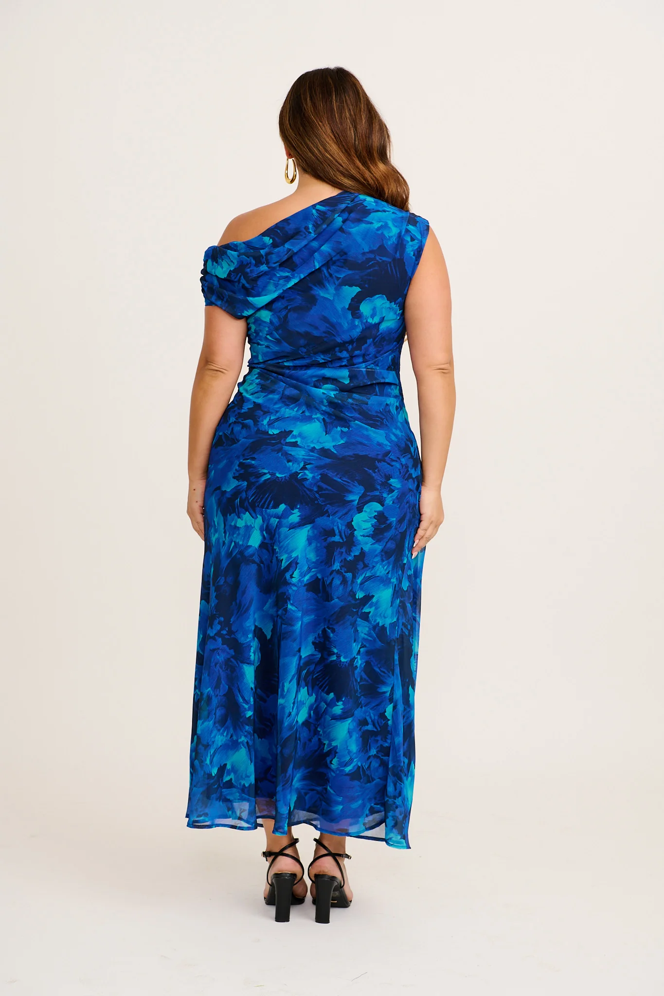 Marielle Off Shoulder Maxi Dress in Blue Watercolour Chiffon - Image 9