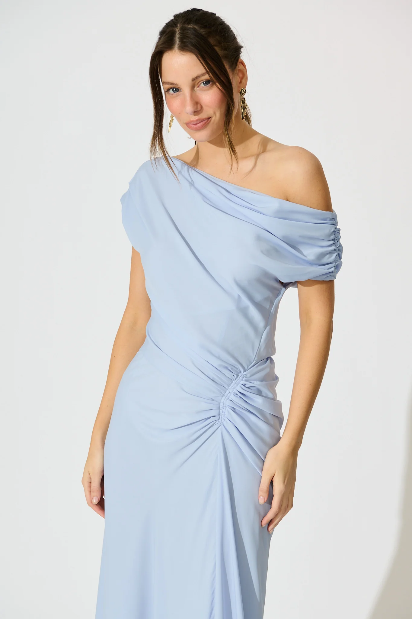 Marielle Off Shoulder Maxi Dress in Dusty Blue Chiffon - Image 3