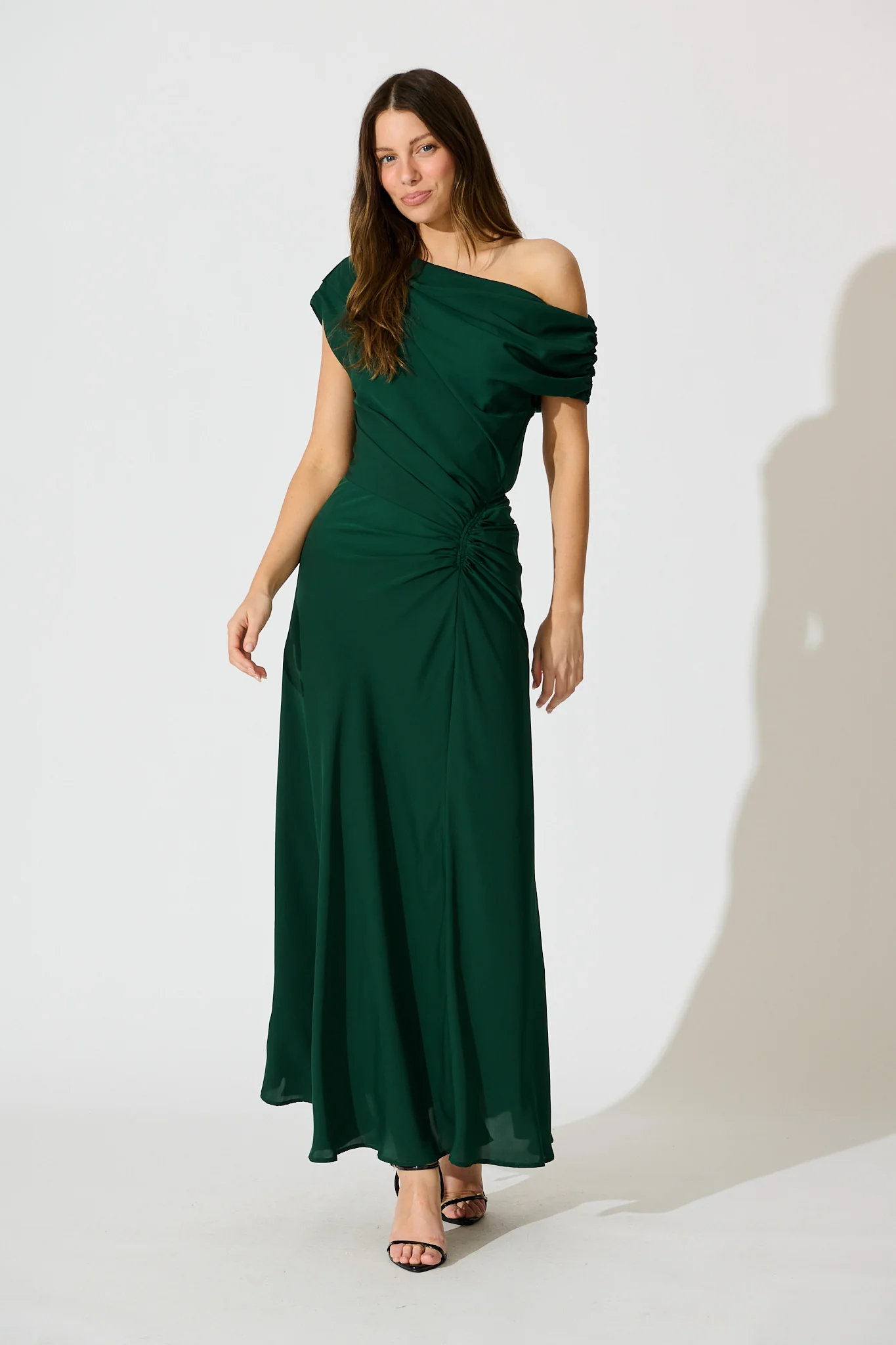 Marielle Off Shoulder Maxi Dress in Emerald Chiffon