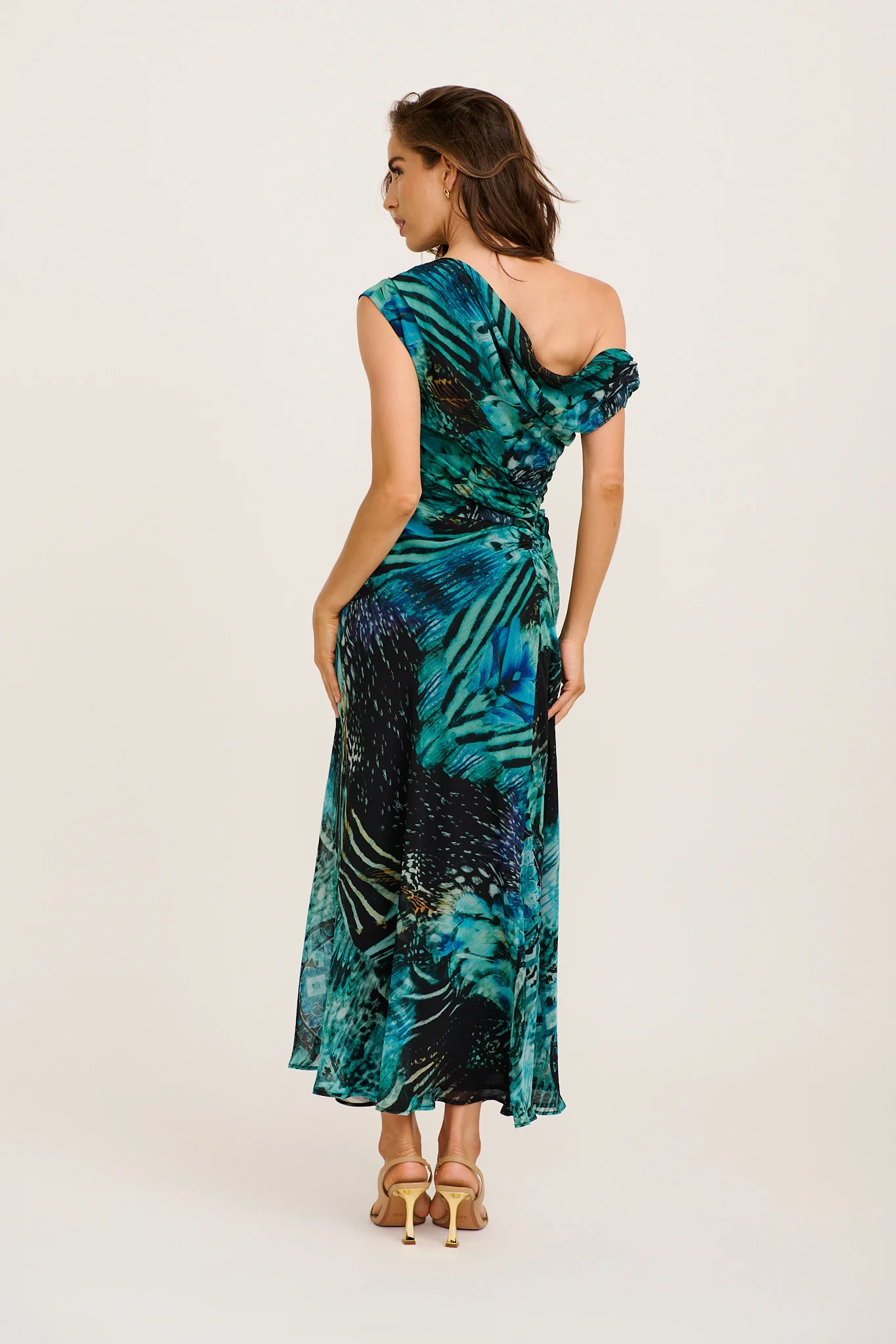 Marielle Off Shoulder Maxi Dress in Green Multi Chiffon - Image 5