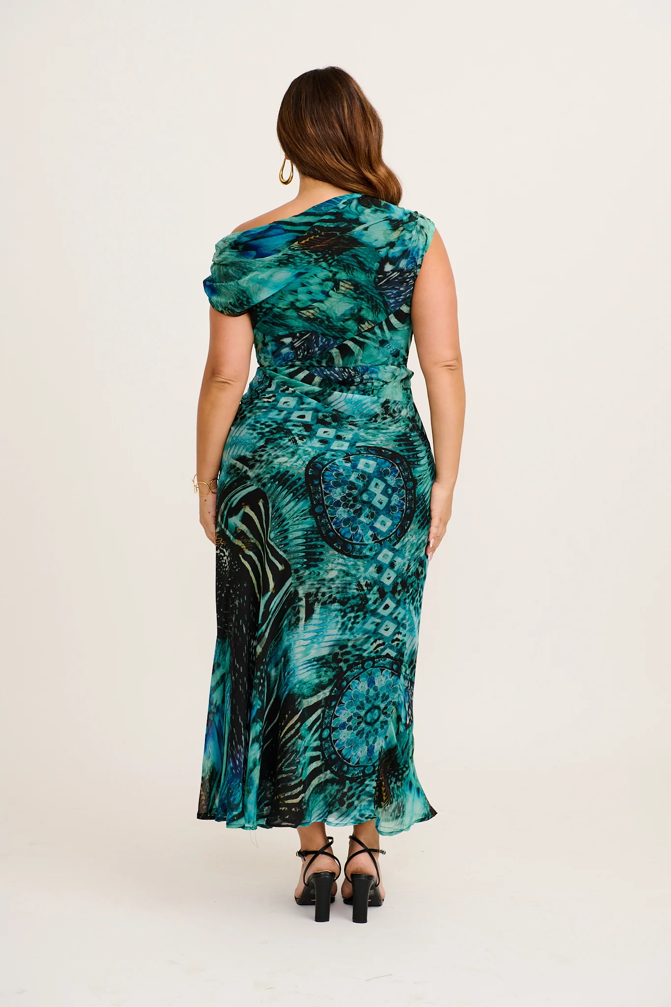 Marielle Off Shoulder Maxi Dress in Green Multi Chiffon - Image 9