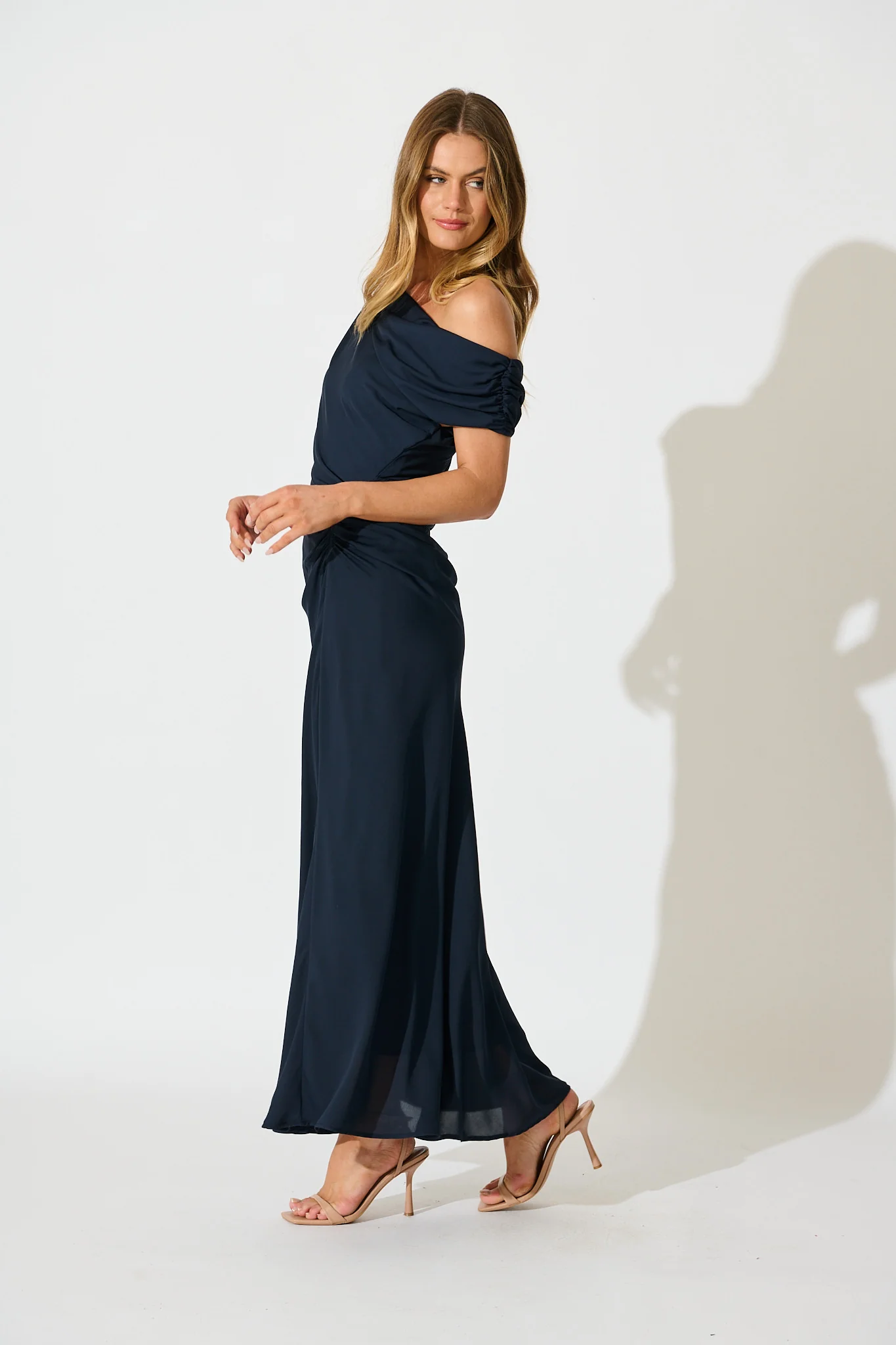 Marielle Off Shoulder Maxi Dress in Navy Chiffon - Image 3