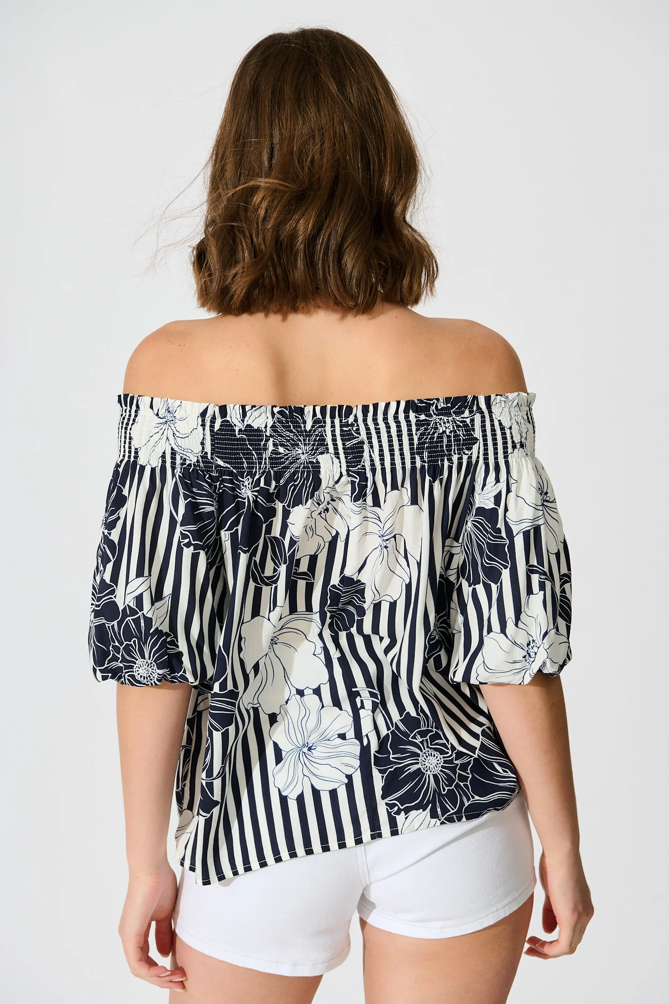 Marina Off Shoulder Top in Navy Stripe Floral - Image 7