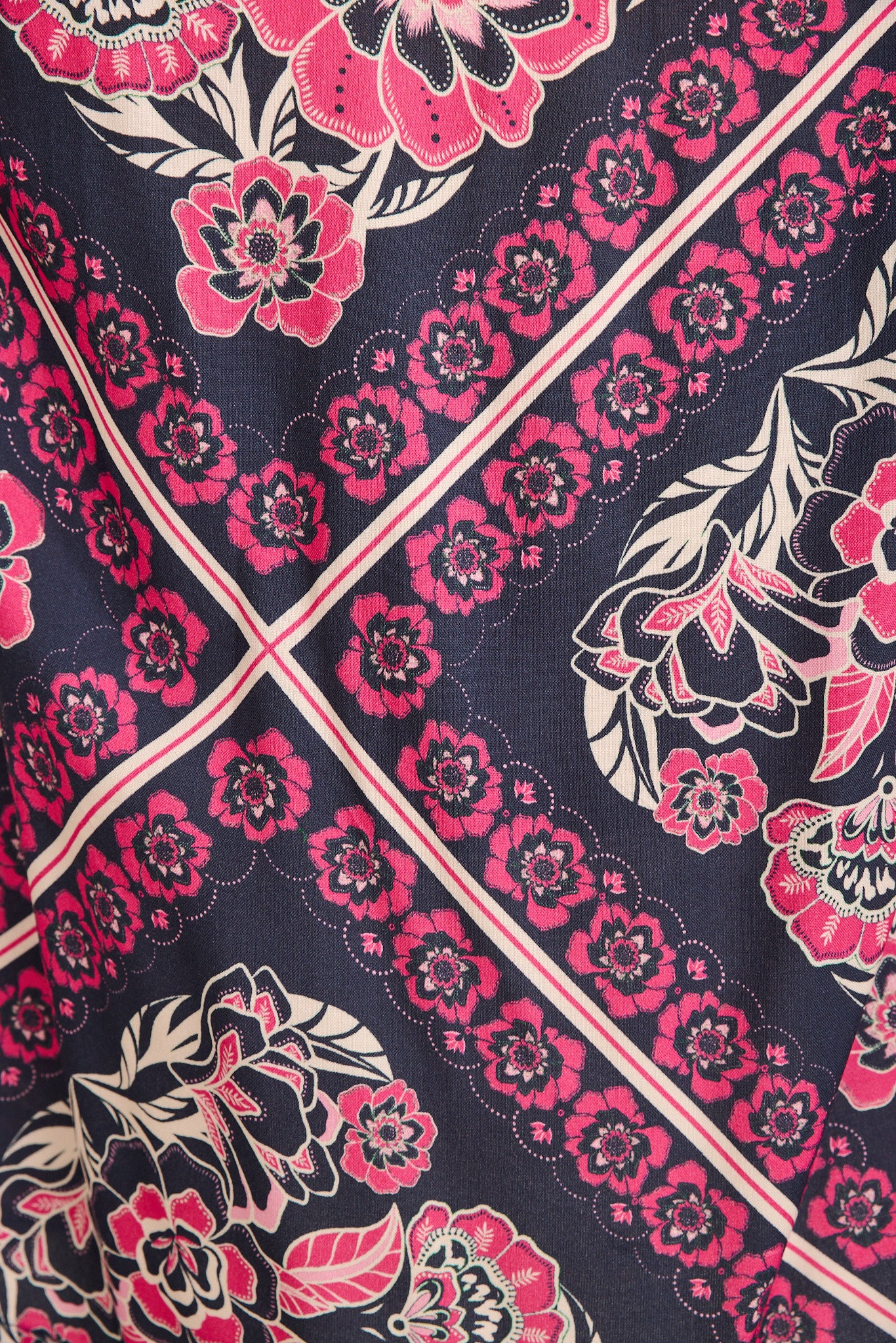 Marina Off Shoulder Top in Navy with Pink Floral Tiles Print - Image 12