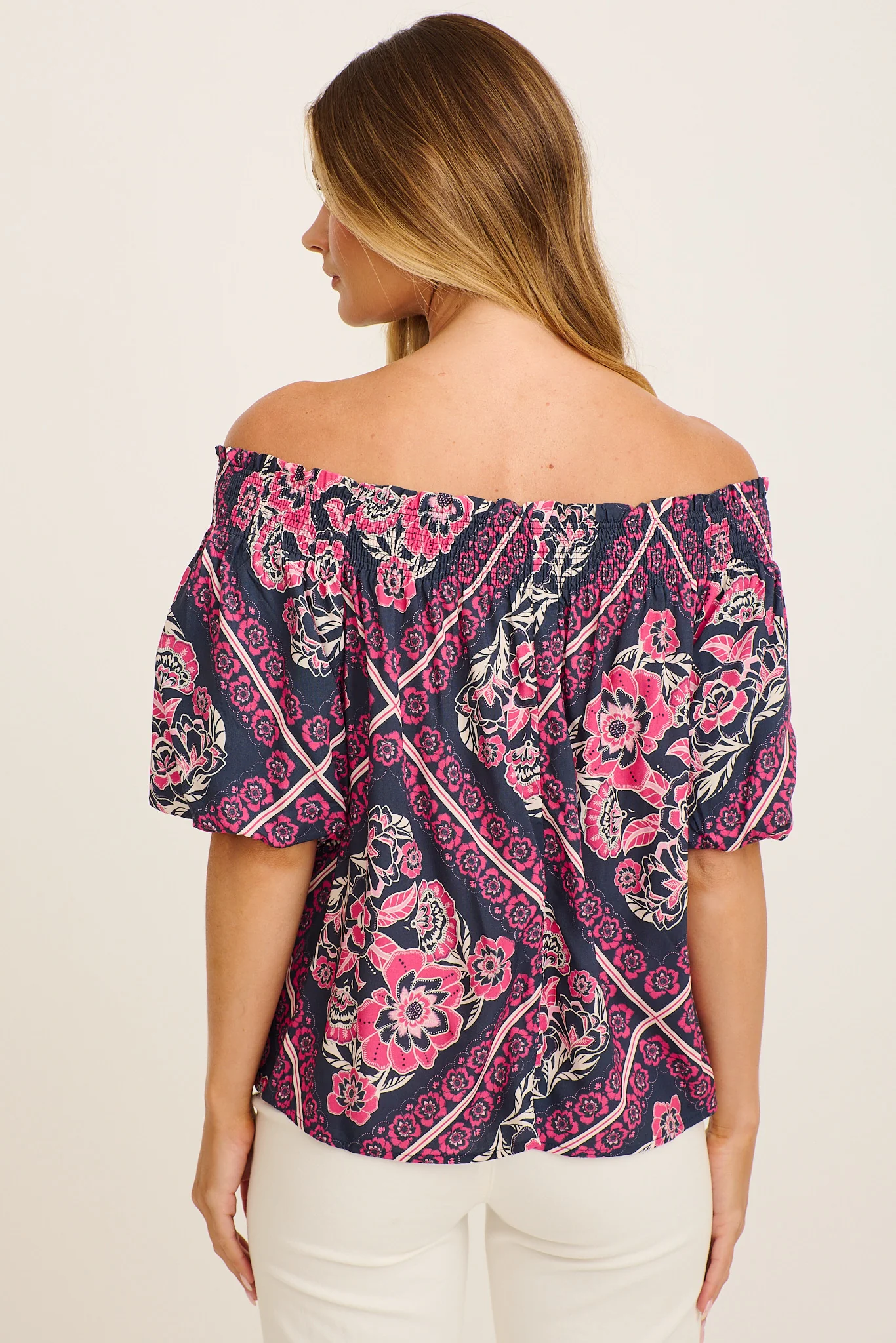 Marina Off Shoulder Top in Navy with Pink Floral Tiles Print - Image 4