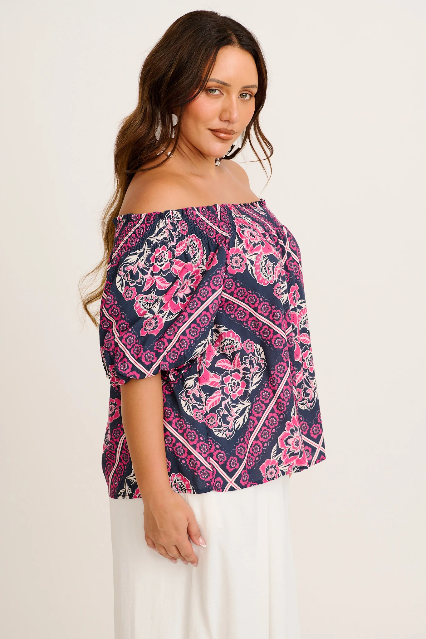Marina Off Shoulder Top in Navy with Pink Floral Tiles Print - Image 9