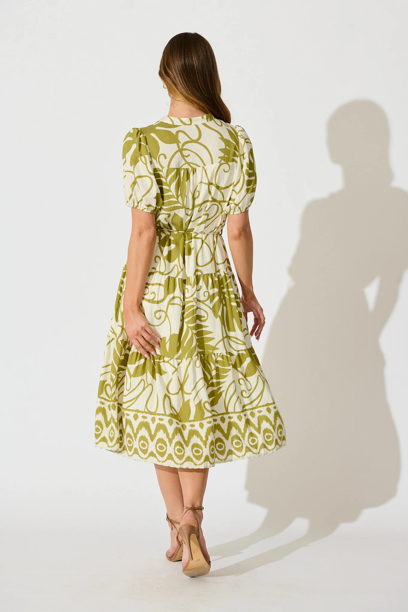 Mariza Midi Dress in Green with Cream Leaf Print - Image 4