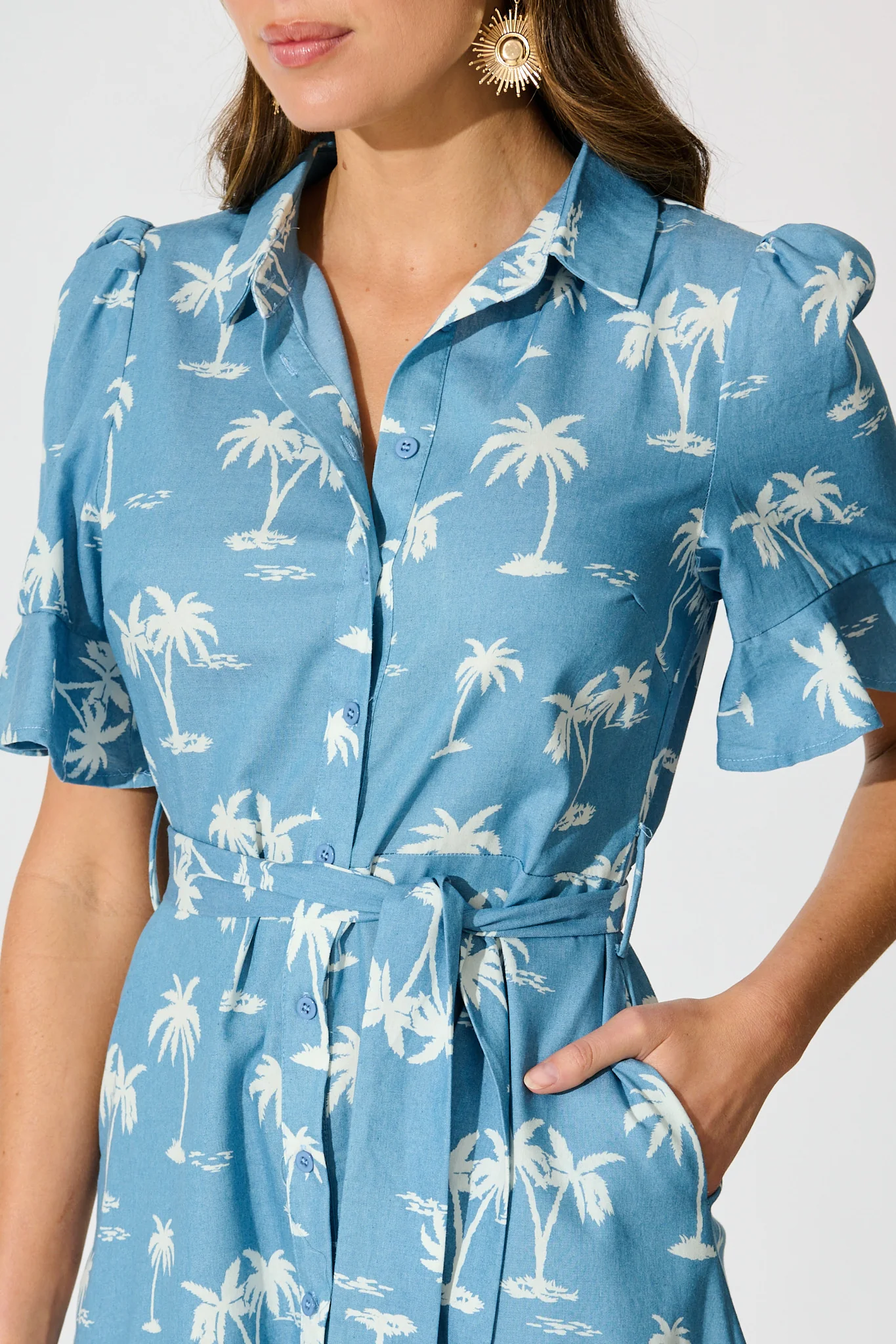 Marlia Midi Shirt Dress in Blue with White Palm Tree - Image 5