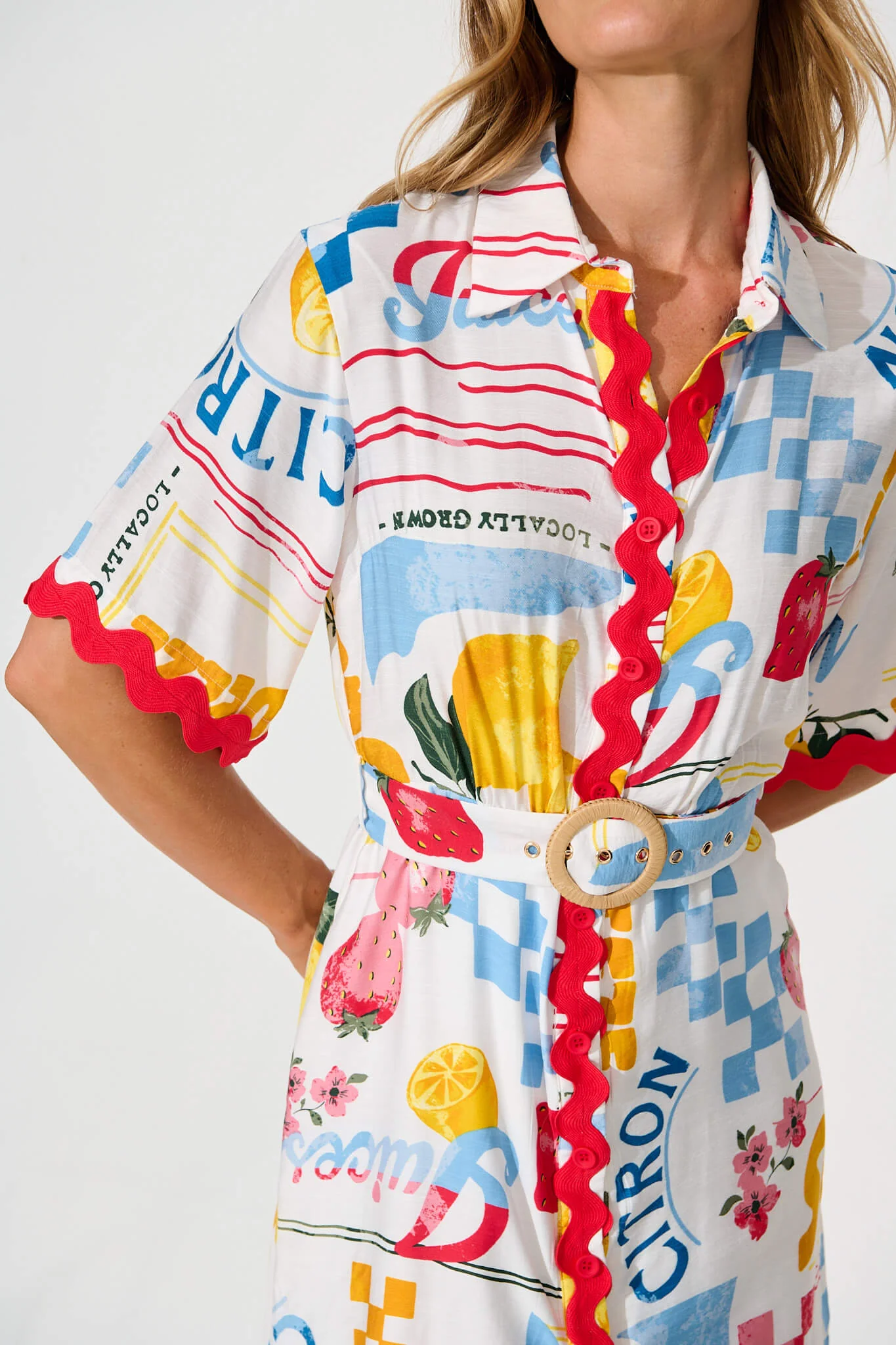 Maroa Shirt Dress in White Lemon Print Ric Rac Trim - Image 5