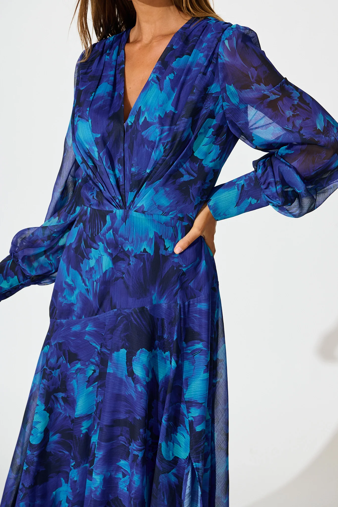 Martina Maxi Dress in Blue Watercolour Chiffon - Image 5