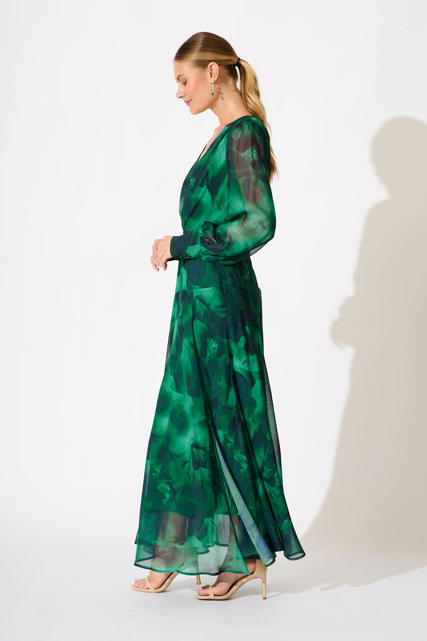 Martina Maxi Dress in Green Watercolour Chiffon - Image 3